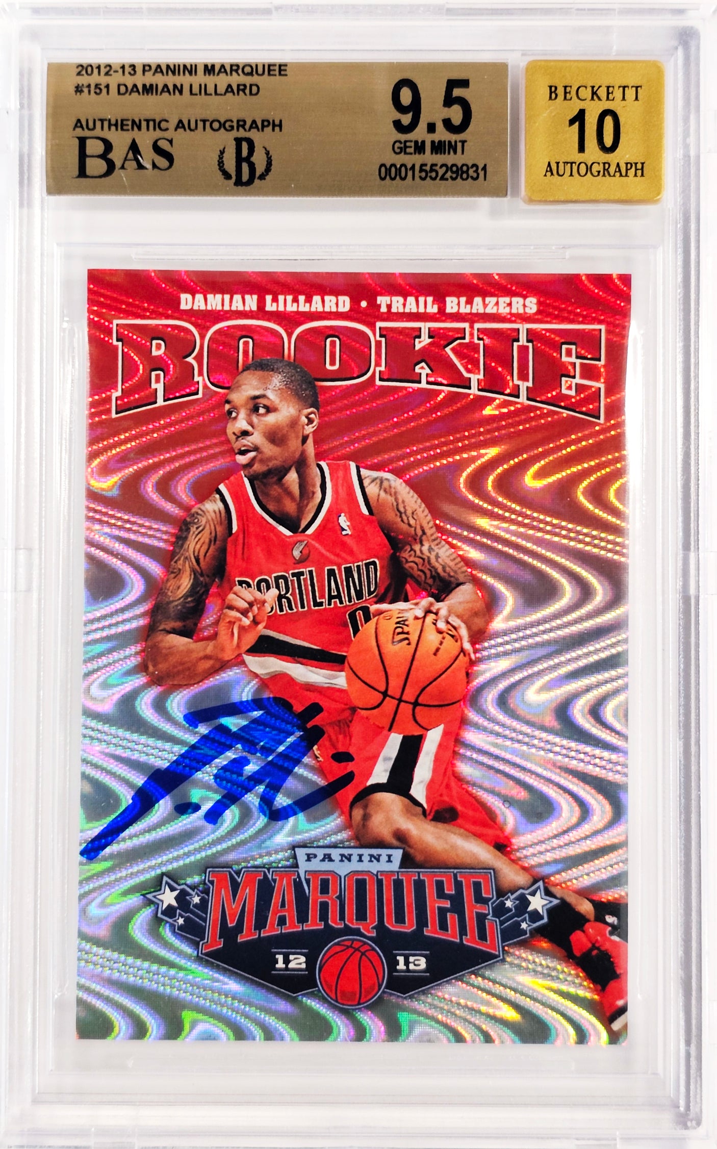 Damian Lillard Autographed 2012-13 Panini Marquee Rookie Card #151 Portland Trail Blazers BGS 9.5 Auto Grade Gem Mint 10 Beckett BAS #15529831