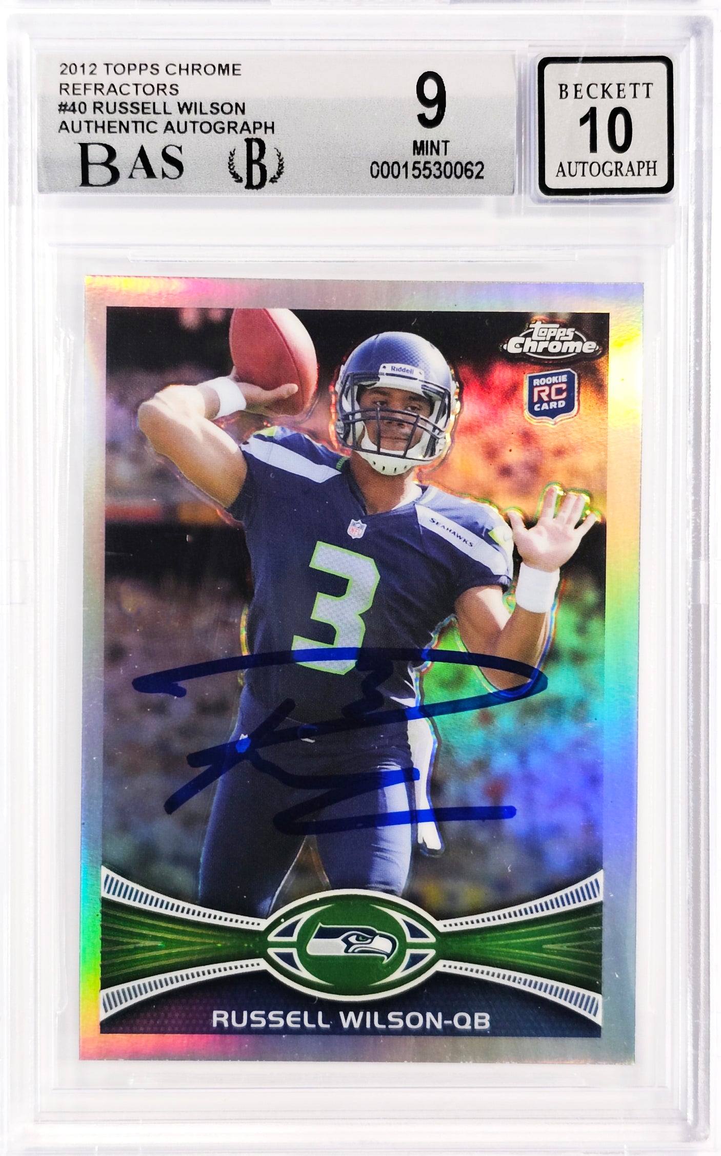 Russell Wilson Autographed 2012 Topps Chrome Refractor Rookie Card #40 Seattle Seahawks BGS 9 Auto Grade Gem Mint 10 Beckett BAS #15530062
