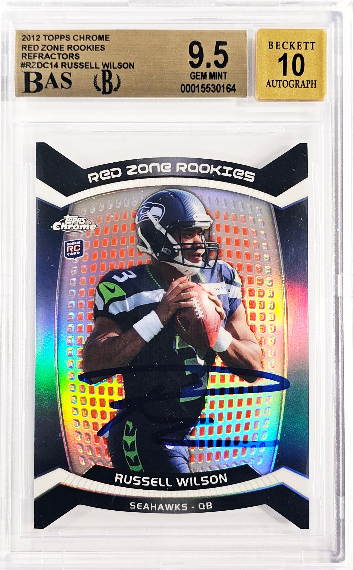 Russell Wilson Autographed 2012 Topps Chrome Red Zone Rookie Refractor Rookie Card #RZDC-14 Seattle Seahawks BGS 9.5 Auto Grade Gem Mint 10 Beckett BAS #15530164