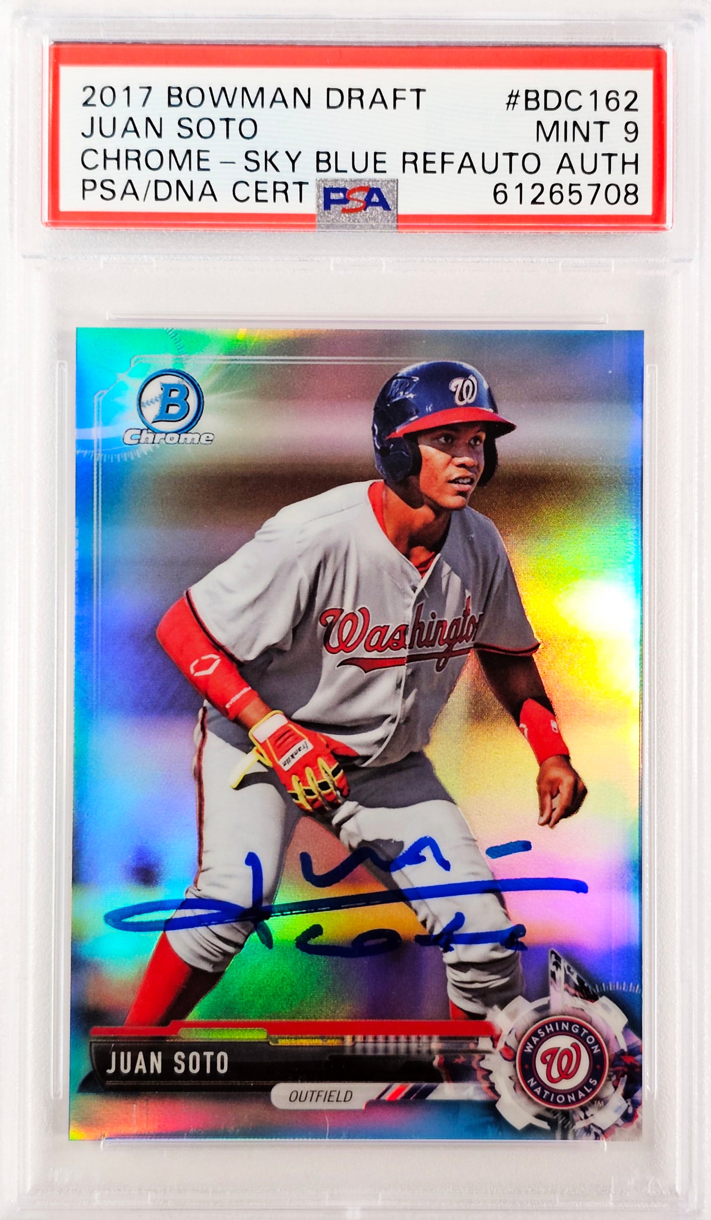 Juan Soto Autographed 2017 Bowman Draft Chrome Sky Blue Refractor Rookie Card #BDC162 New York Mets PSA 9 #238/399 PSA/DNA #61265708