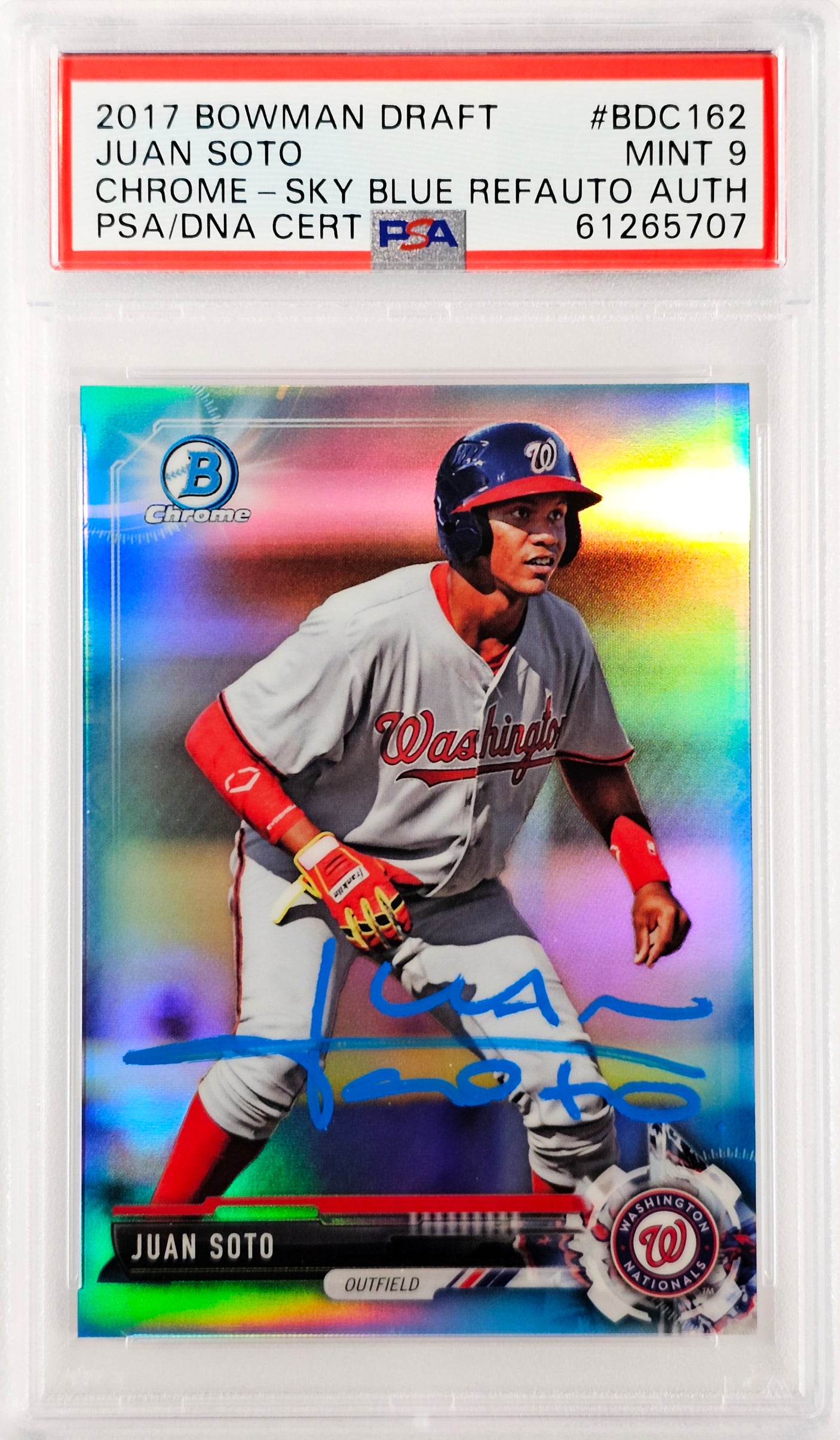 Juan Soto Autographed 2017 Bowman Draft Chrome Sky Blue Refractor Rookie Card #BDC162 New York Mets PSA 9 #288/399 PSA/DNA #61265707