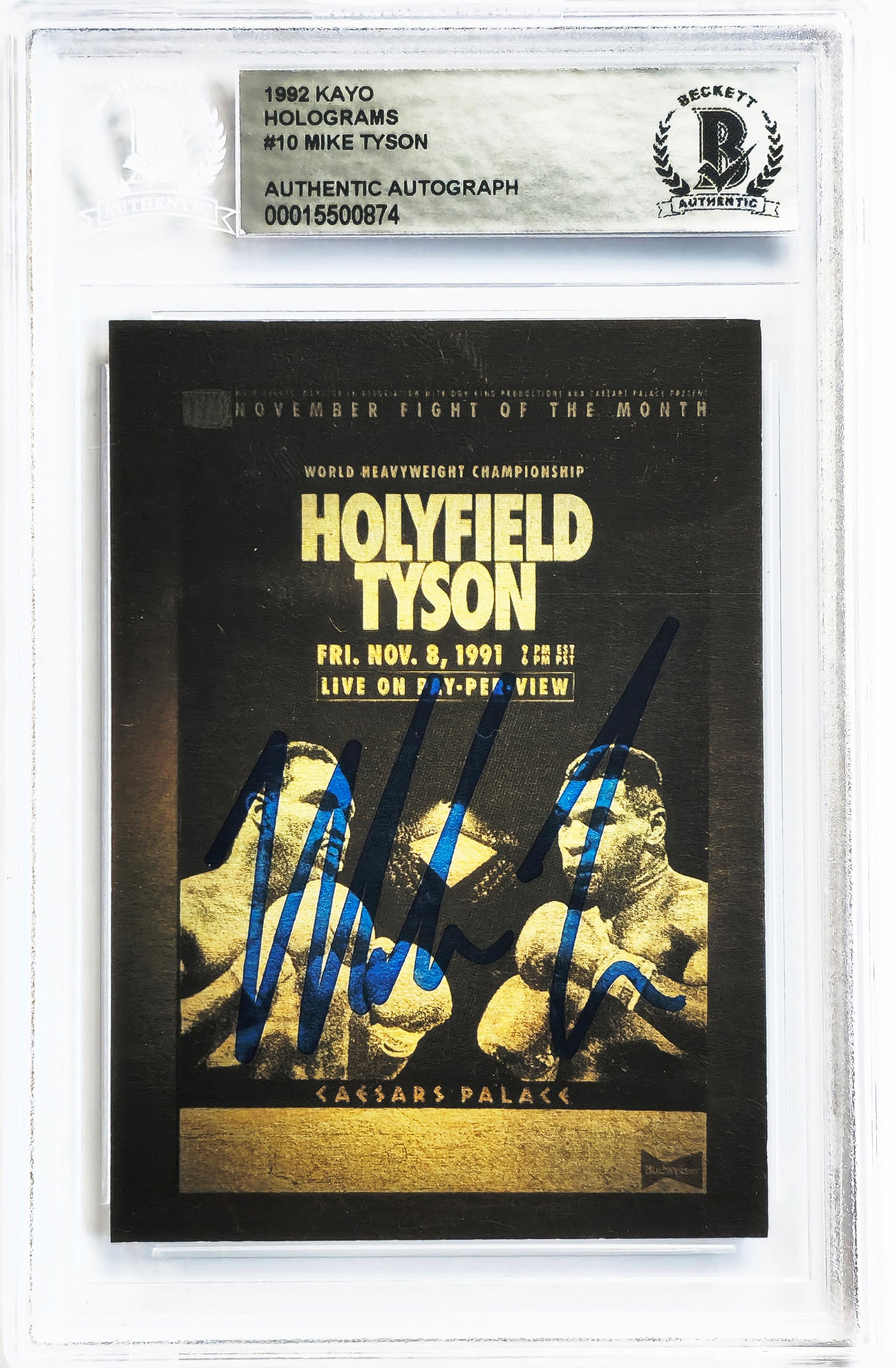 Mike Tyson Autographed 1992 Kayo Gold Hologram Card vs. Evander Holyfield Beckett BAS #15500874