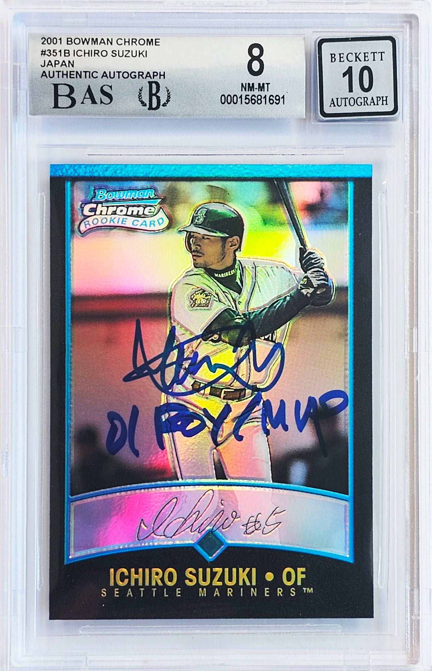 Ichiro Suzuki Autographed 2001 Bowman Chrome Refractor Japanese Rookie Card #351 Seattle Mariners BGS 8 Auto Grade Gem Mint 10 "01 ROY/MVP" Beckett BAS #15681691