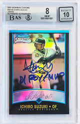 Ichiro Suzuki Autographed 2001 Bowman Chrome Refractor Japanese Rookie Card #351 Seattle Mariners BGS 8 Auto Grade Gem Mint 10 "01 ROY/MVP" Beckett BAS #15681691
