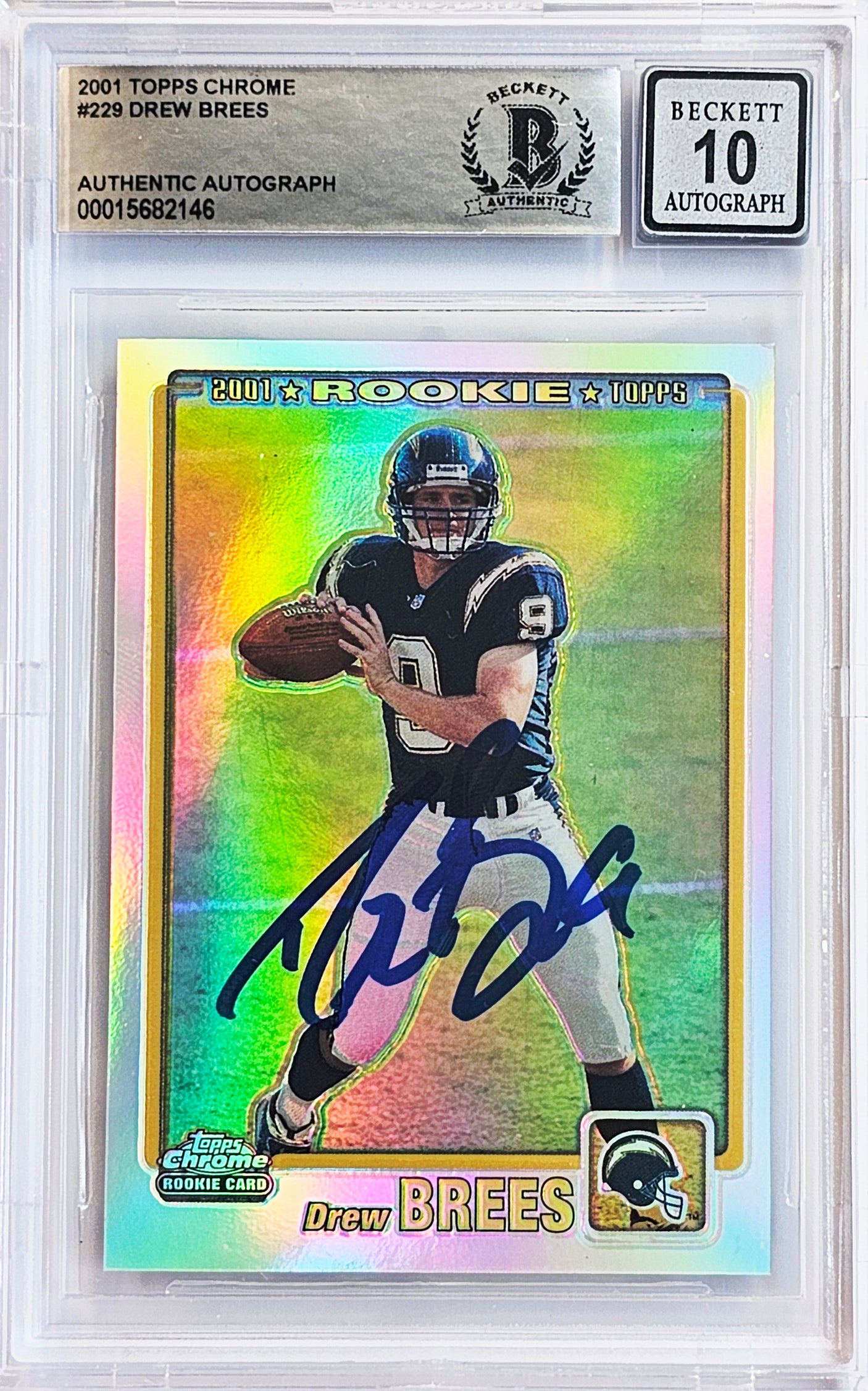 Drew Brees Autographed 2001 Topps Chrome Refractor Rookie Card #229 San Diego Chargers Auto Grade Gem Mint 10 #213/999 Beckett BAS #15682146