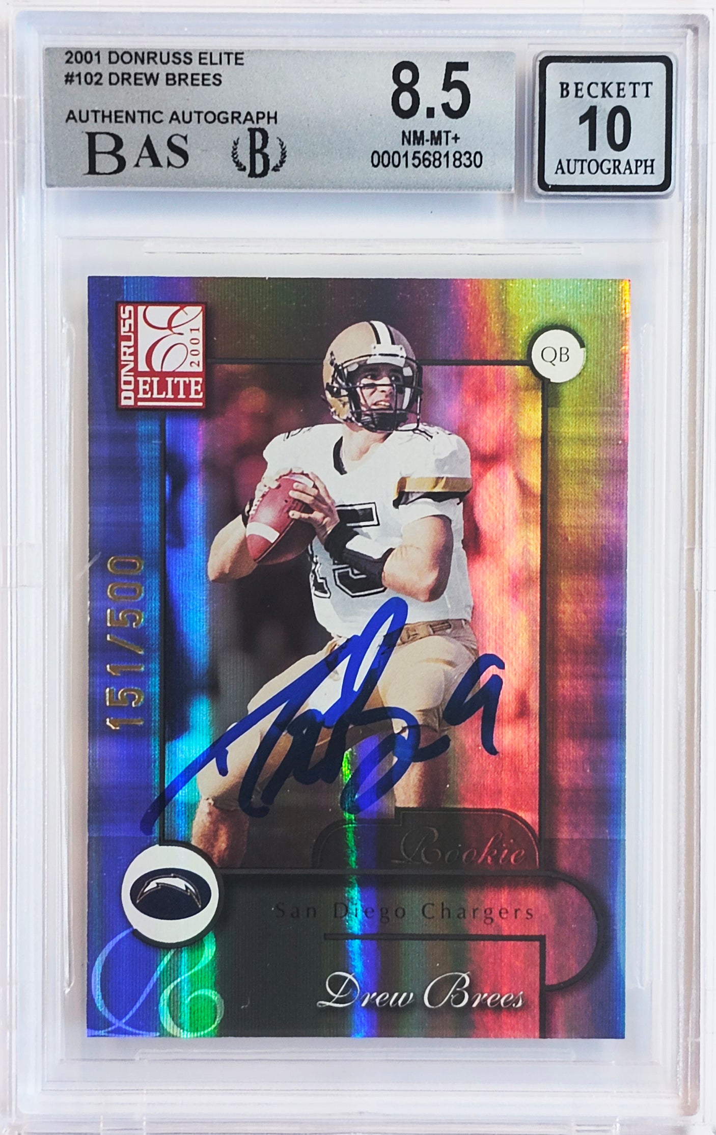 Drew Brees Autographed 2001 Donruss Elite Rookie Card #102 San Diego Chargers BGS 8.5 Auto Grade Gem Mint 10 #151/500 Beckett BAS #15681830
