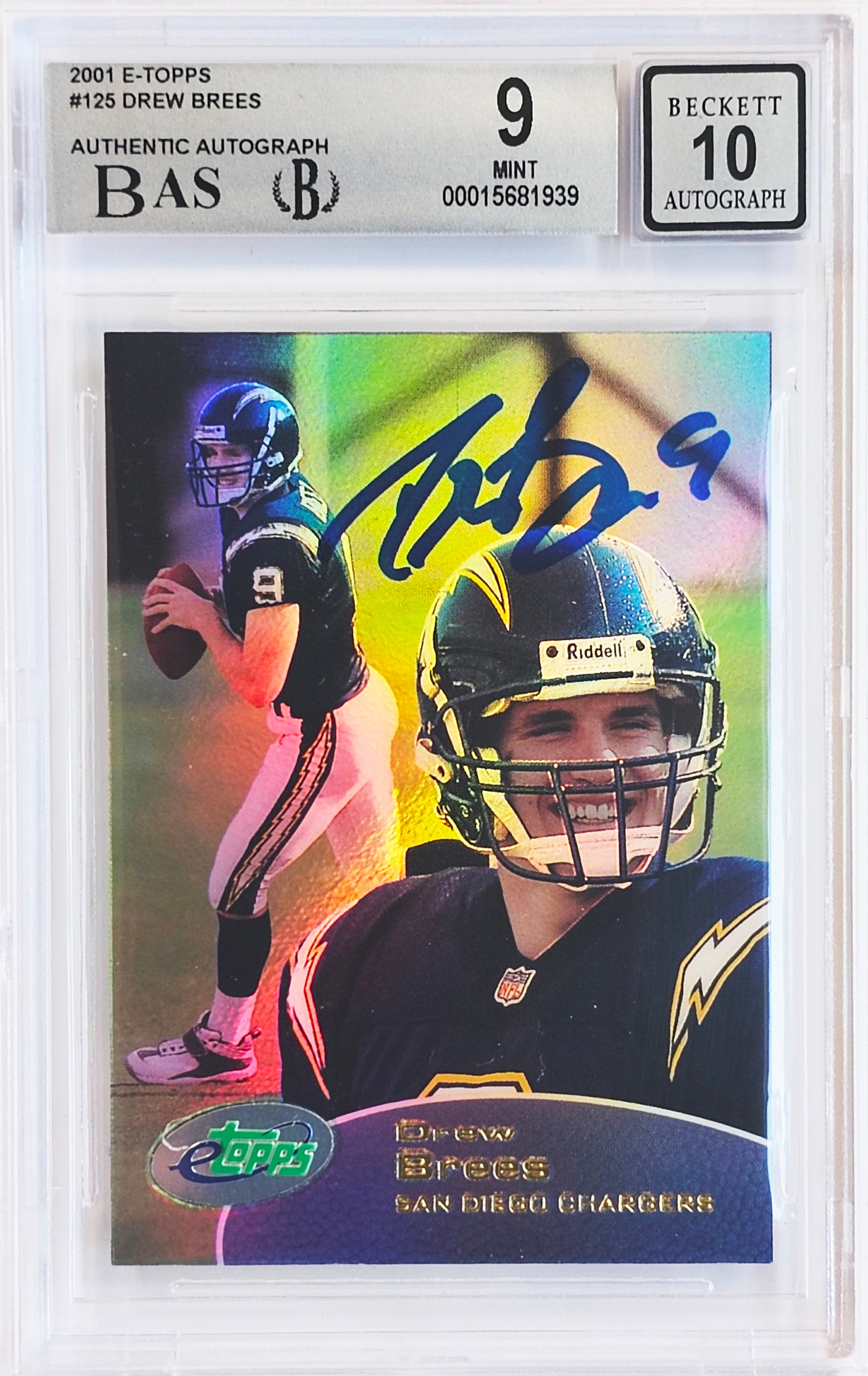 Drew Brees Autographed 2001 eTopps Rookie Card #125 San Diego Chargers BGS 9 Auto Grade Gem Mint 10 Beckett BAS #15681939