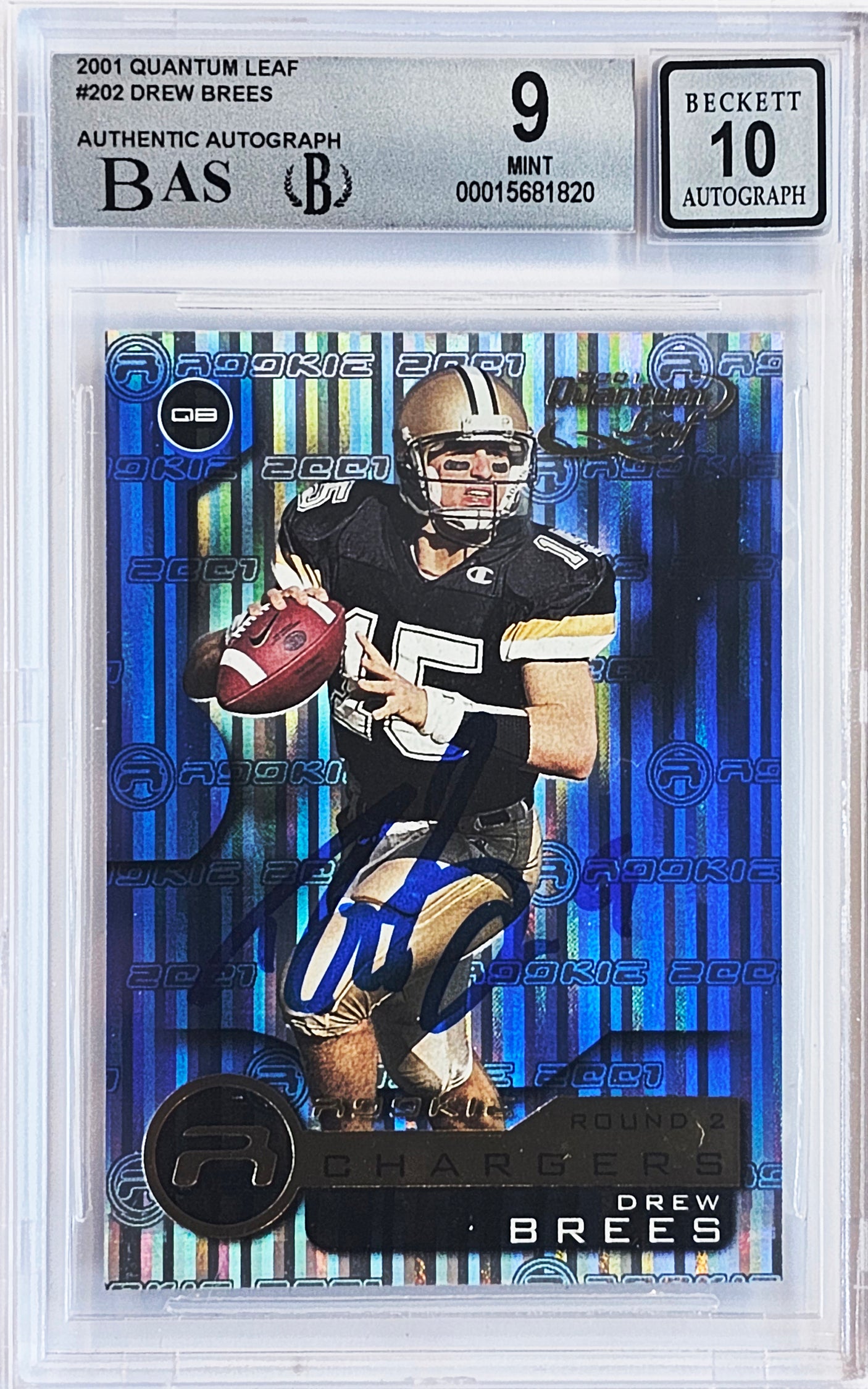 Drew Brees Autographed 2001 Quantum Leaf Rookie Card #202 San Diego Chargers BGS 9 Auto Grade Gem Mint 10 Beckett BAS #15681820