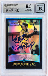 Ichiro Suzuki Autographed 2001 Bowman Chrome Refractor Japanese Rookie Card #351B Seattle Mariners BGS 8.5 Auto Grade Gem Mint 10 "01 ROY/MVP" Beckett BAS #15681693