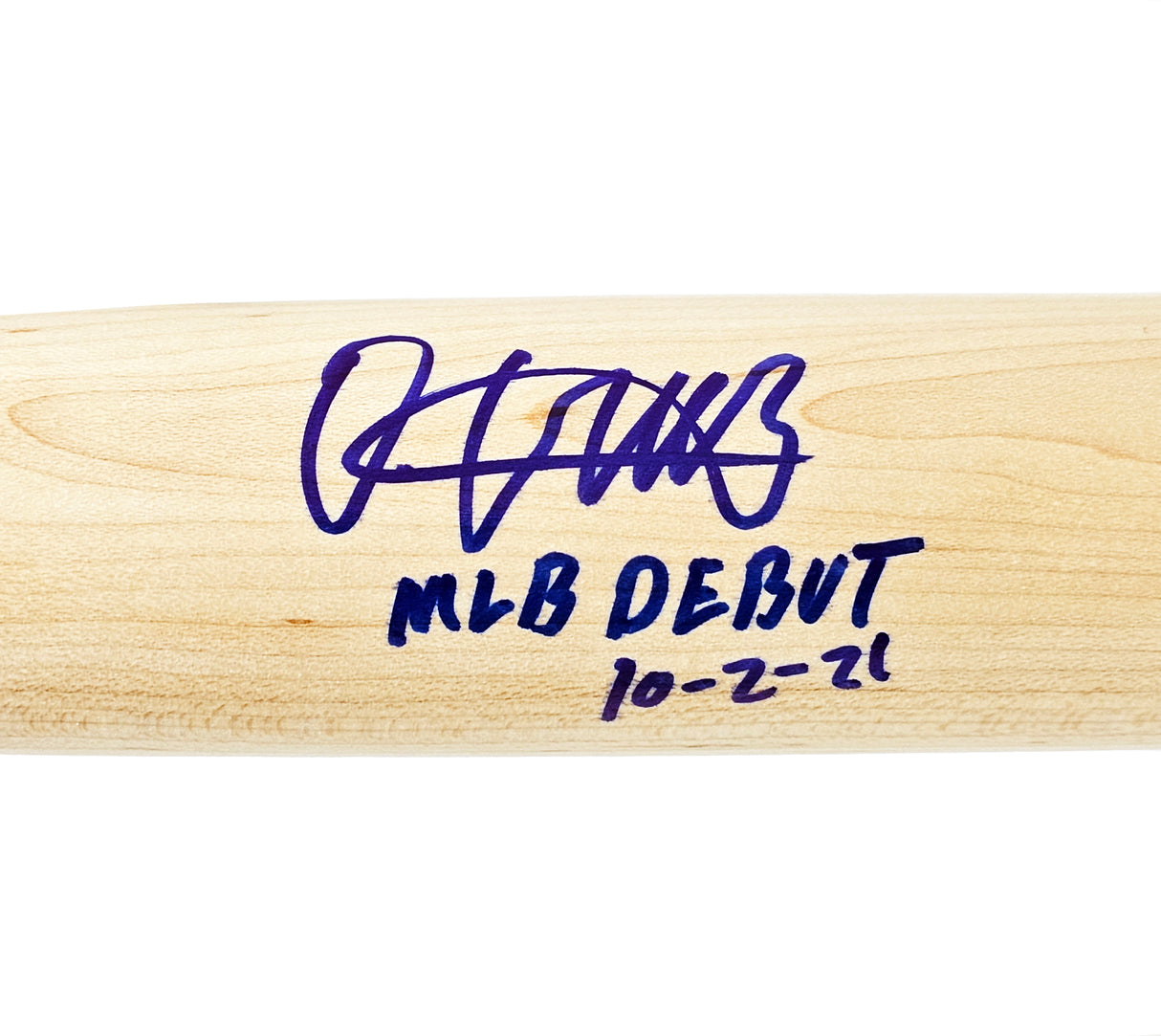 Oneil Cruz Autographed Blonde Louisville Slugger Pro Stock Bat Pittsburgh Pirates "MLB Debut 10-2-21" Beckett BAS QR Stock #218603