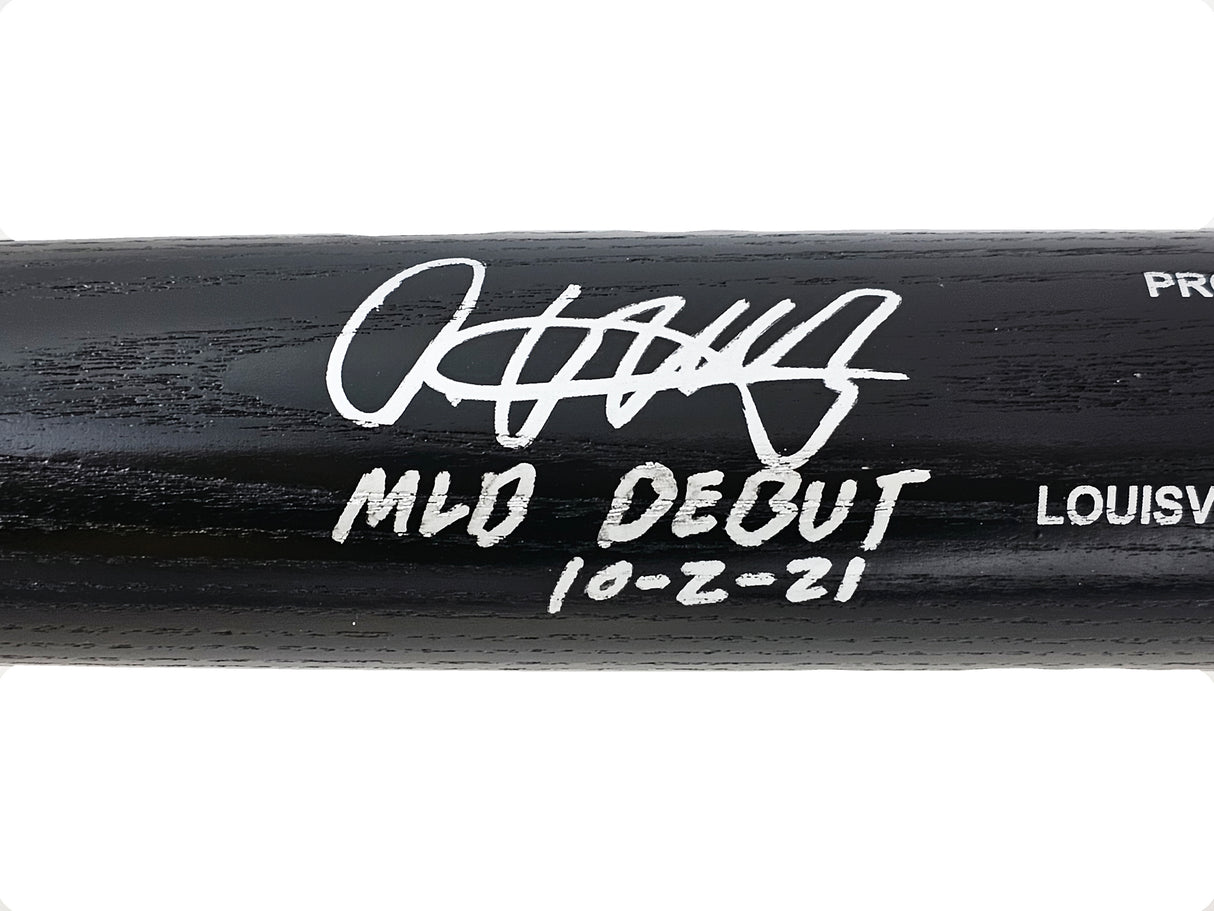 Oneil Cruz Autographed Black Louisville Slugger Pro Stock Bat Pittsburgh Pirates "MLB Debut 10-2-21" Beckett BAS QR Stock #218601