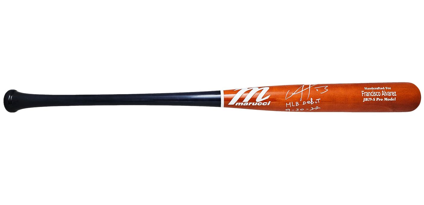 Francisco Alvarez Autographed Orange/Blue Marucci Pro Model Bat New York Mets "MLB Debut 9-30-22" Beckett BAS Witness Stock #218047