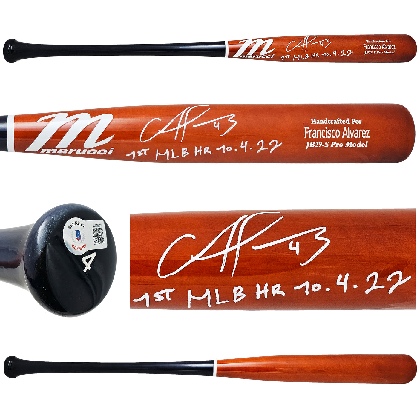 Francisco Alvarez Autographed Orange/Blue Marucci Pro Model Bat New York Mets "1st MLB HR 10-4-22" Beckett BAS Witness Stock #218049