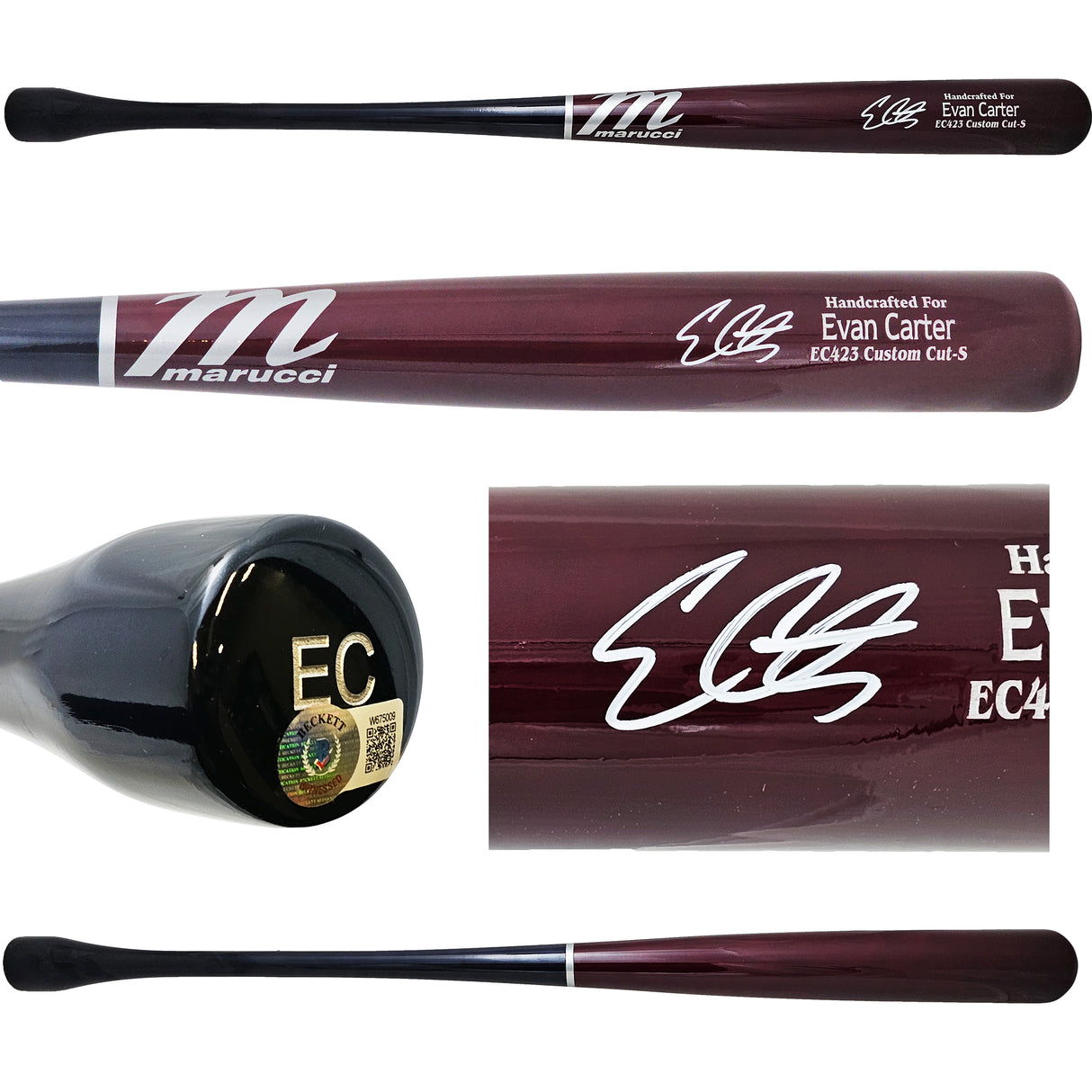 Evan Carter Autographed Red Marucci Player Model Bat Texas Rangers Beckett BAS Witness Stock #217966