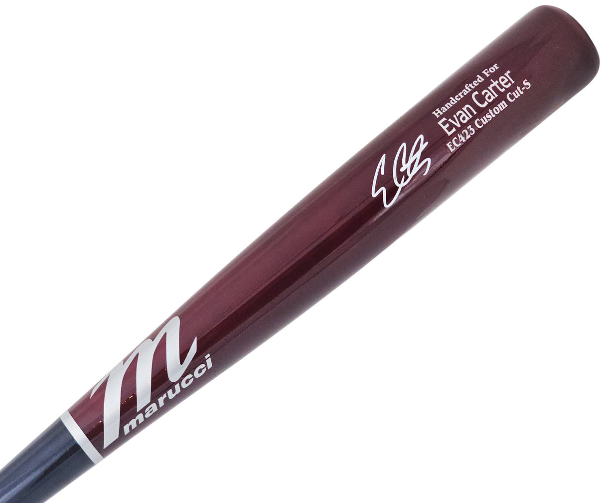 Evan Carter Autographed Red Marucci Player Model Bat Texas Rangers Beckett BAS Witness Stock #217966