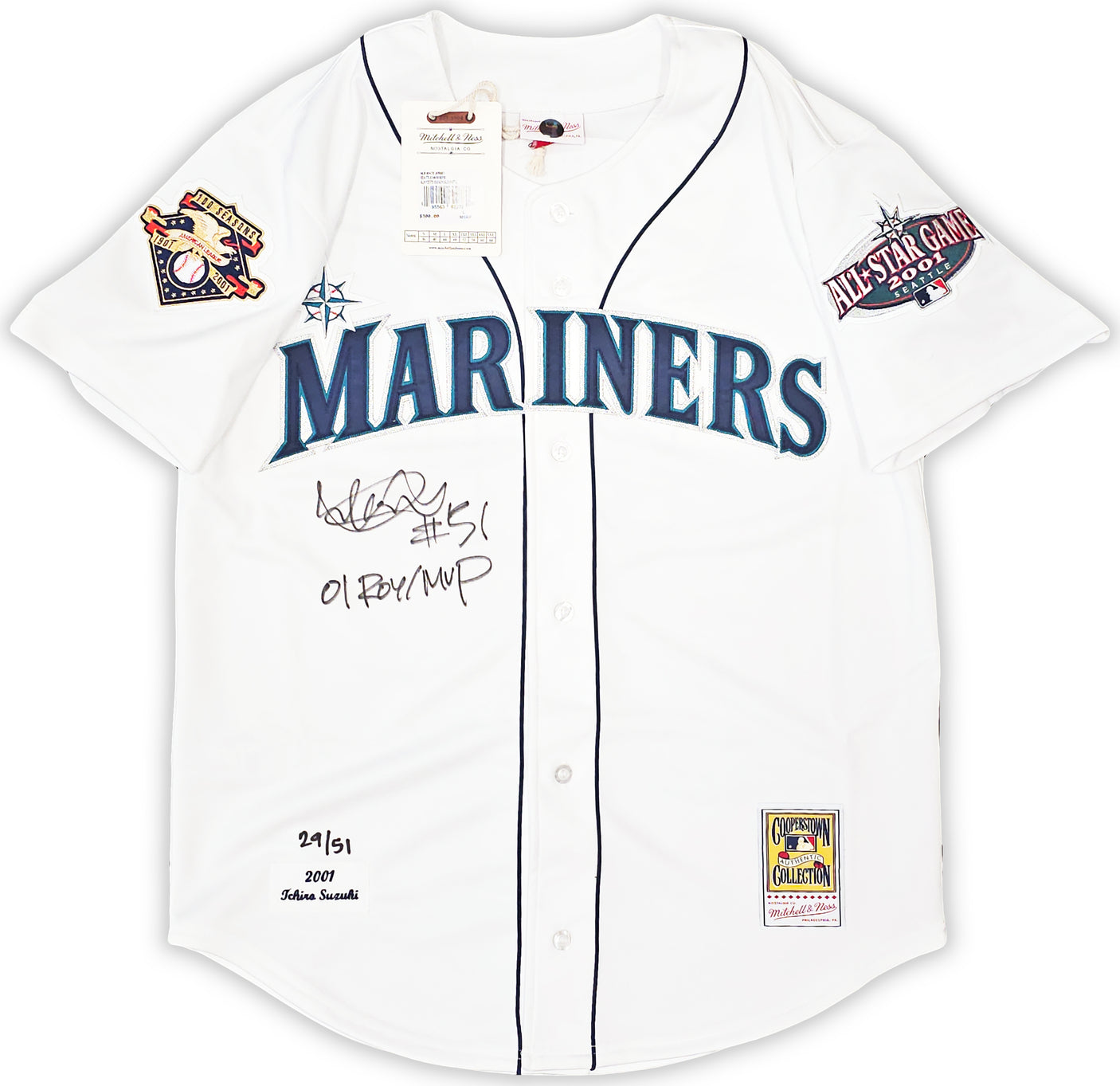 Seattle Mariners Ichiro Suzuki Autographed White Authentic Mitchell & Ness 2001 All Star Patch Jersey Size 44 "01 ROY/MVP" IS Holo Stock #217973