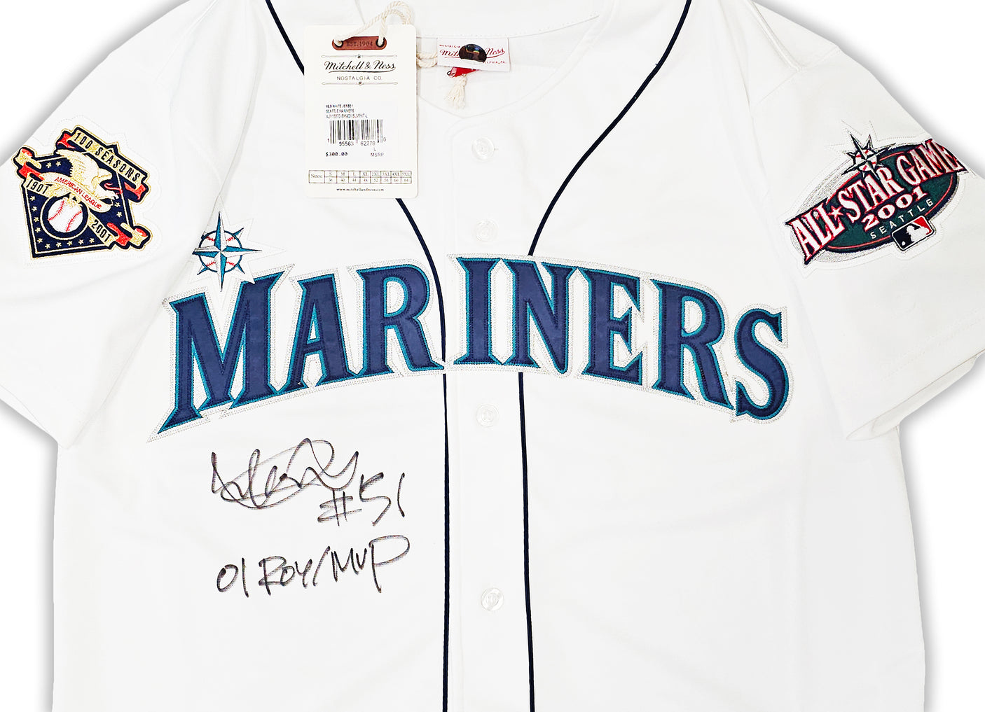 Seattle Mariners Ichiro Suzuki Autographed White Authentic Mitchell & Ness 2001 All Star Patch Jersey Size 44 "01 ROY/MVP" IS Holo Stock #217973