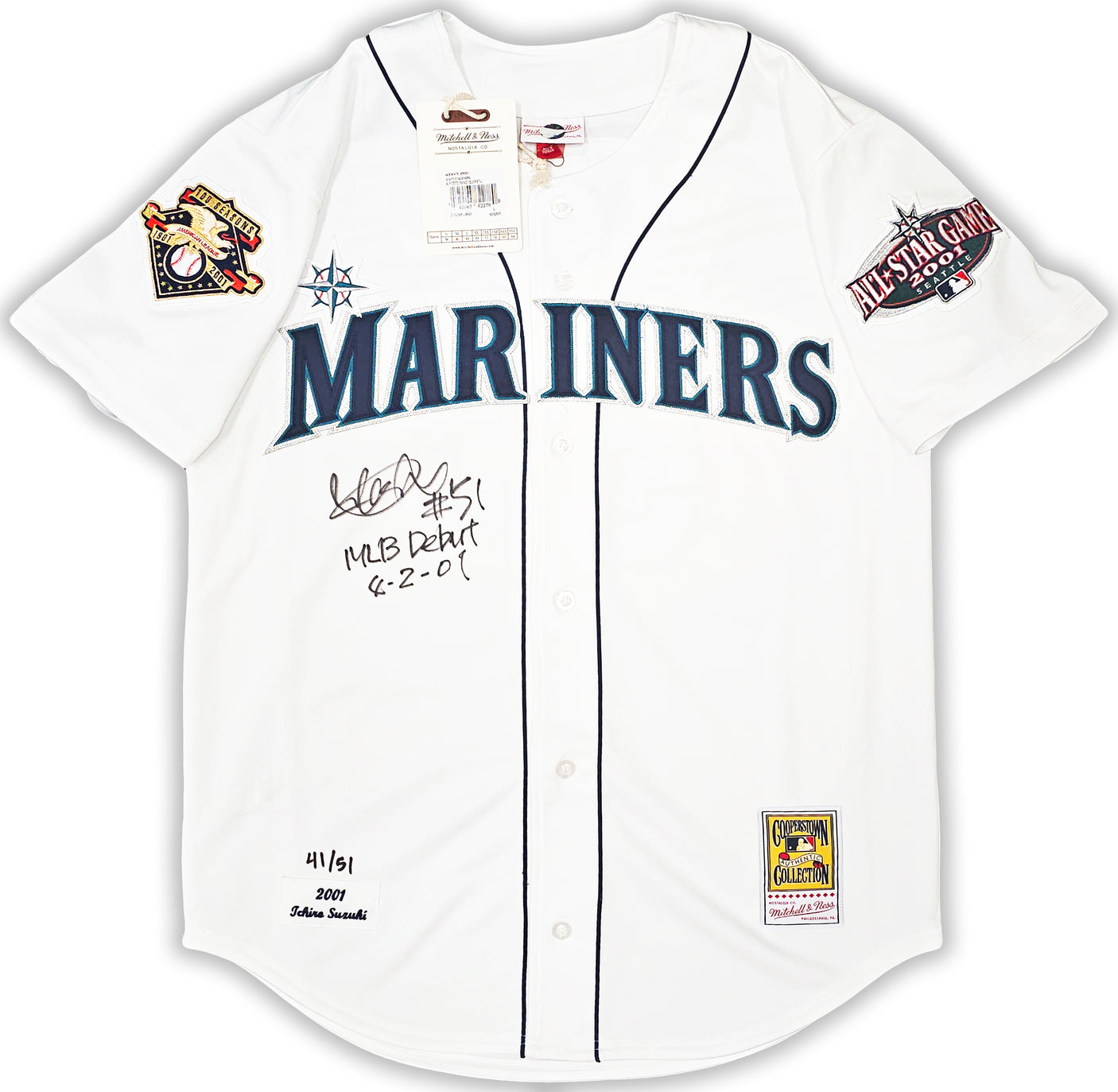Seattle Mariners Ichiro Suzuki Autographed White Authentic Mitchell & Ness 2001 All Star Patch Jersey Size 44 "MLB Debut 4-2-01" IS Holo Stock #217972
