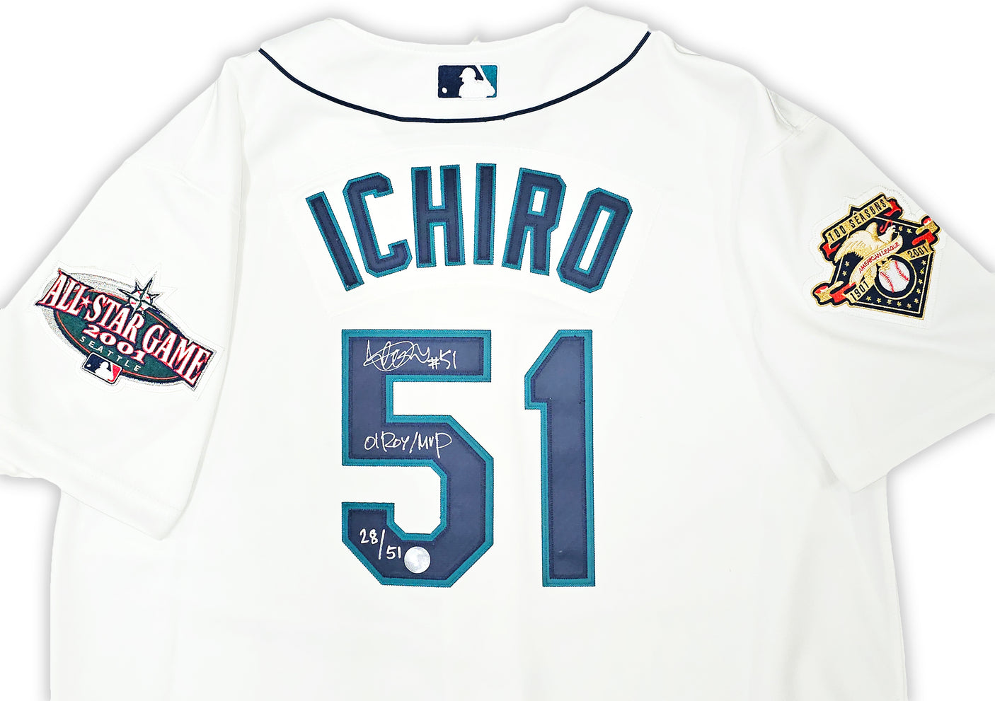 Seattle Mariners Ichiro Suzuki Autographed White Authentic Mitchell & Ness 2001 All Star Patch Jersey Size 48 "01 ROY/MVP" IS Holo Stock #217974