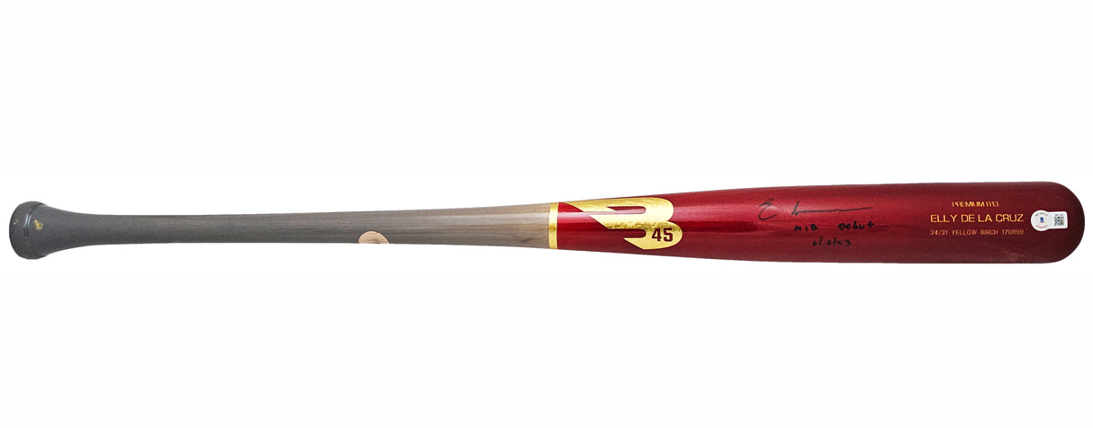 Elly De La Cruz Autographed Red B45 Player Model Bat Cincinnati Reds "MLB Debut 6/6/23" Beckett BAS Witness Stock #218703