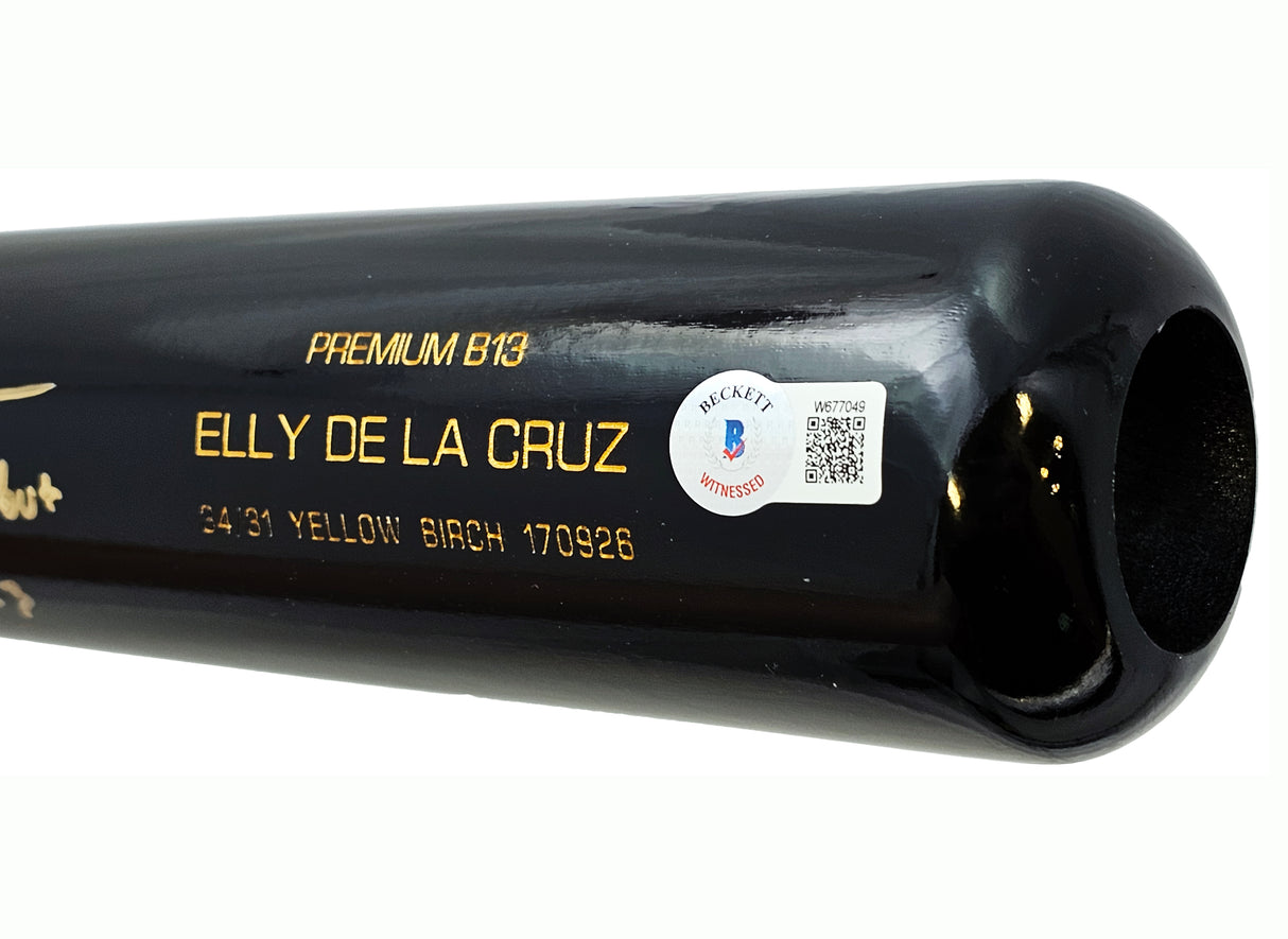 Elly De La Cruz Autographed Black B45 Player Model Bat Cincinnati Reds "MLB Debut 6/6/23" Beckett BAS Witness Stock #218704
