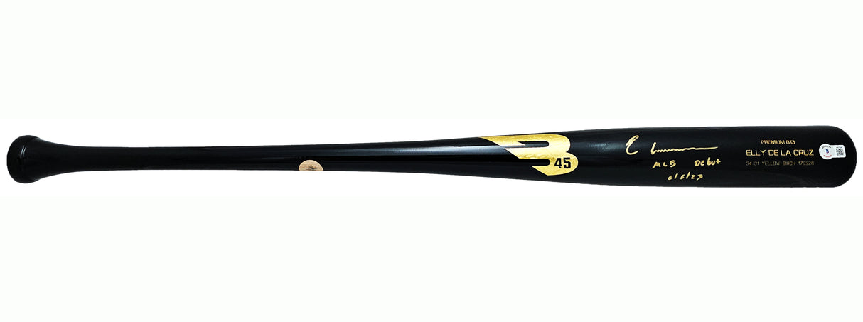 Elly De La Cruz Autographed Black B45 Player Model Bat Cincinnati Reds "MLB Debut 6/6/23" Beckett BAS Witness Stock #218704