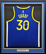Golden State Warriors Stephen Curry Autographed Framed Blue Nike Icon Edition Jersey Beckett BAS QR Stock #220553
