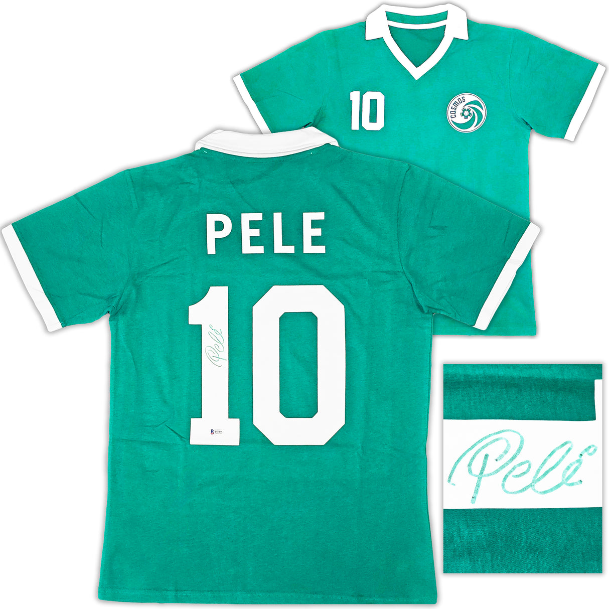 New York Cosmos Pele Autographed Green Jersey Beckett BAS Stock #194363