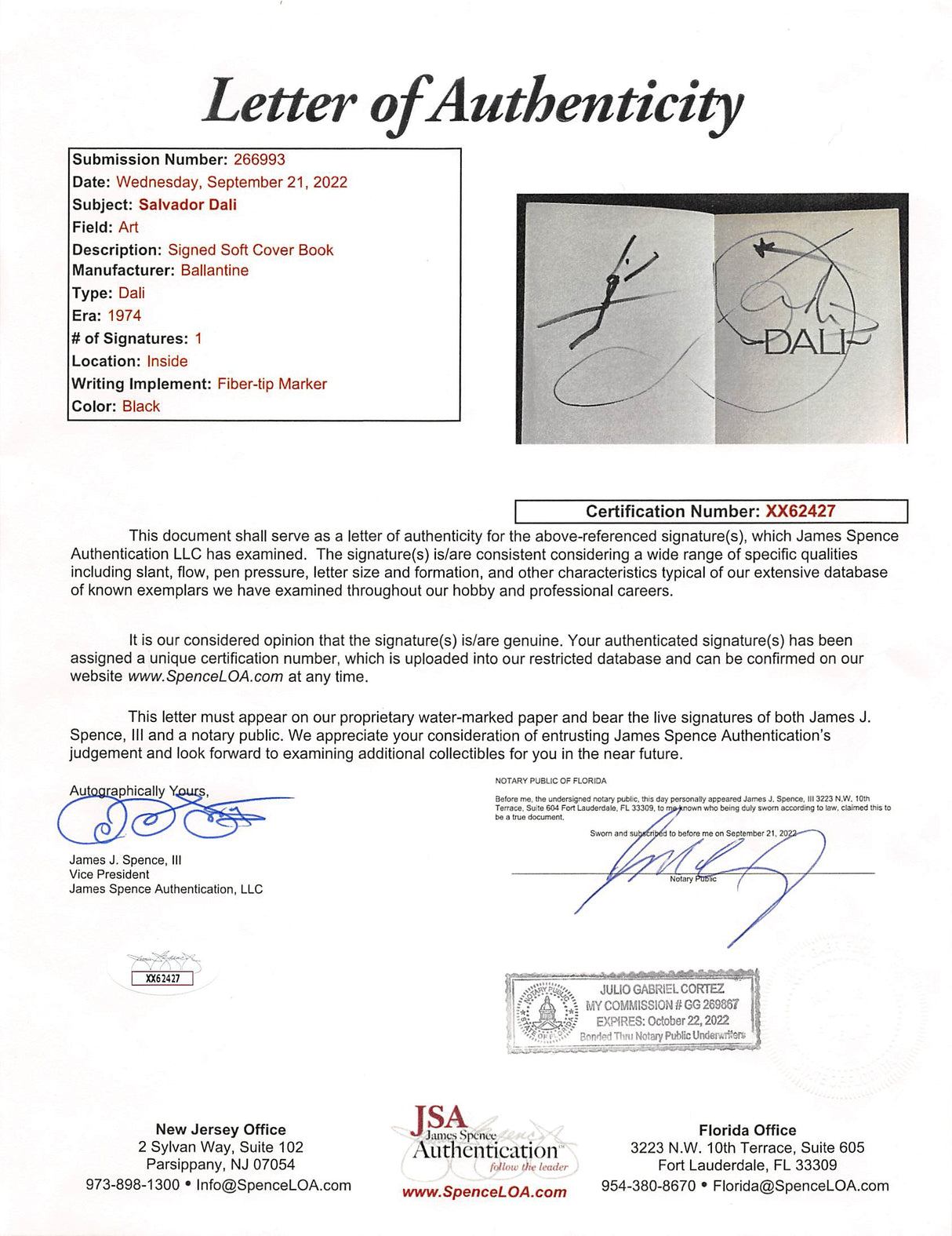 Salvador Dali Authentic Signed Dali First Printing Book w/ Sketch JSA #XX62427