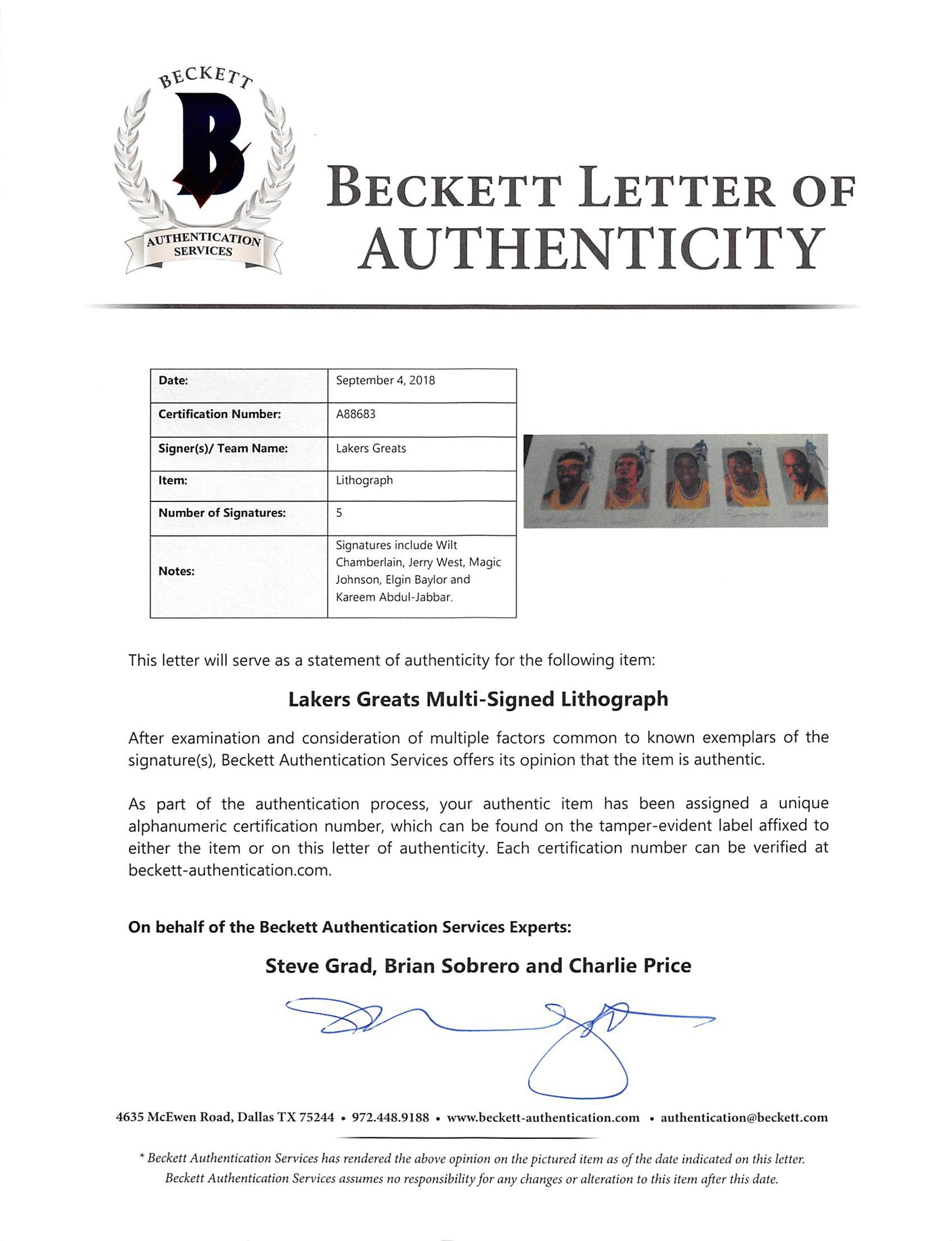 Lakers Legends (5) Chamberlain, Jabbar, Johnson Signed 22x39 Lithograph BAS