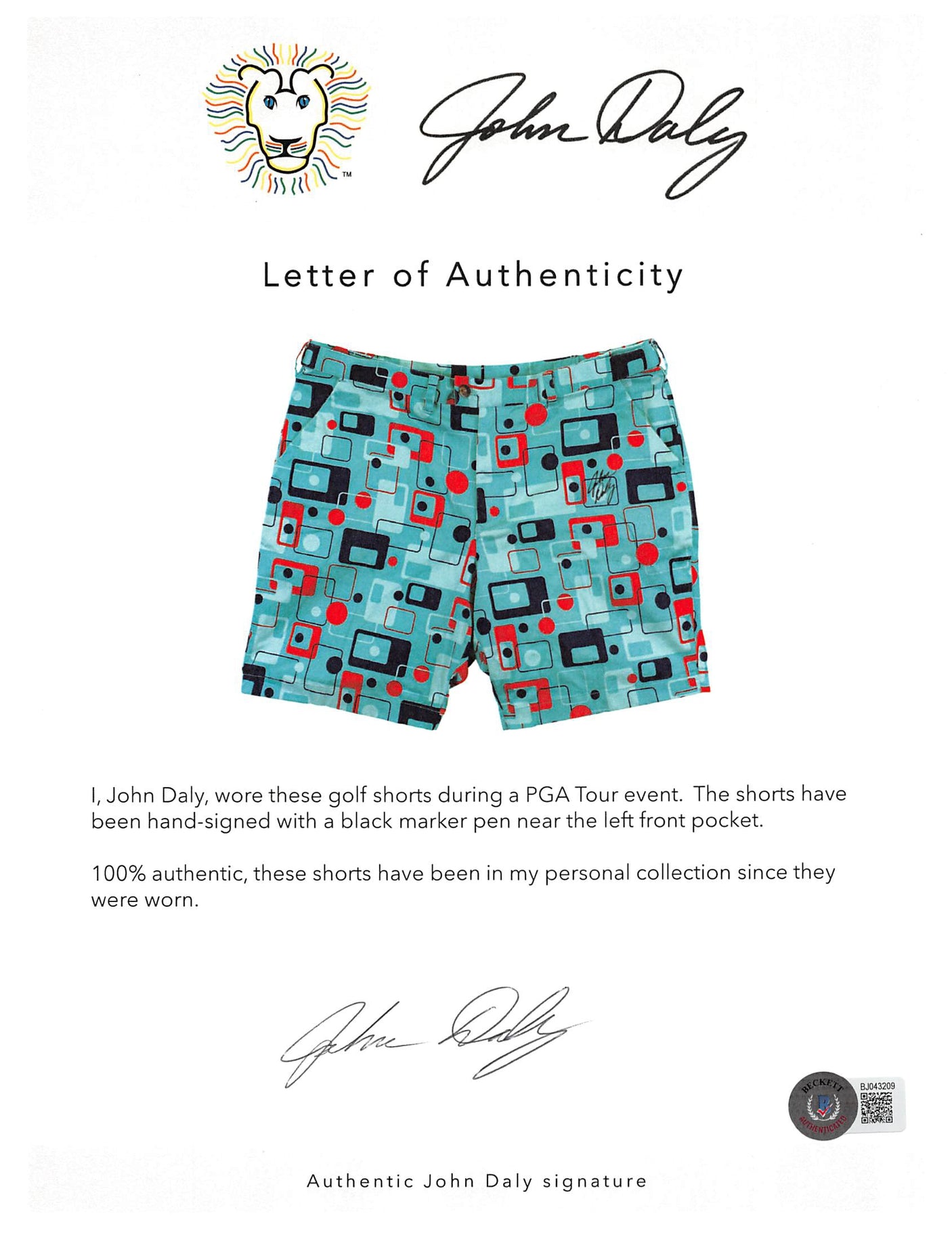 John Daly Authentic Signed Match Worn Teal Loudmouth Golf Shorts BAS #BH00375