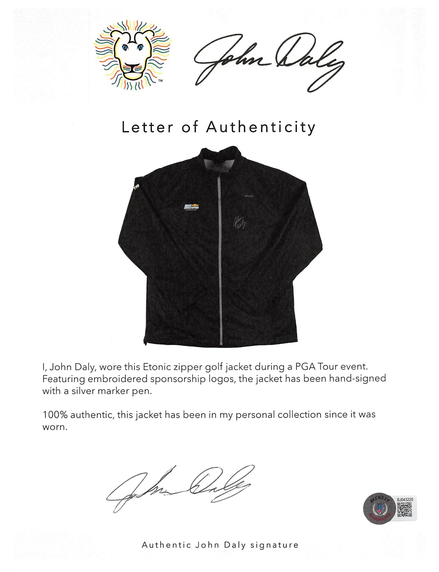 John Daly Authentic Signed Match Worn Black Etonic Golf Jacket BAS #BH00331