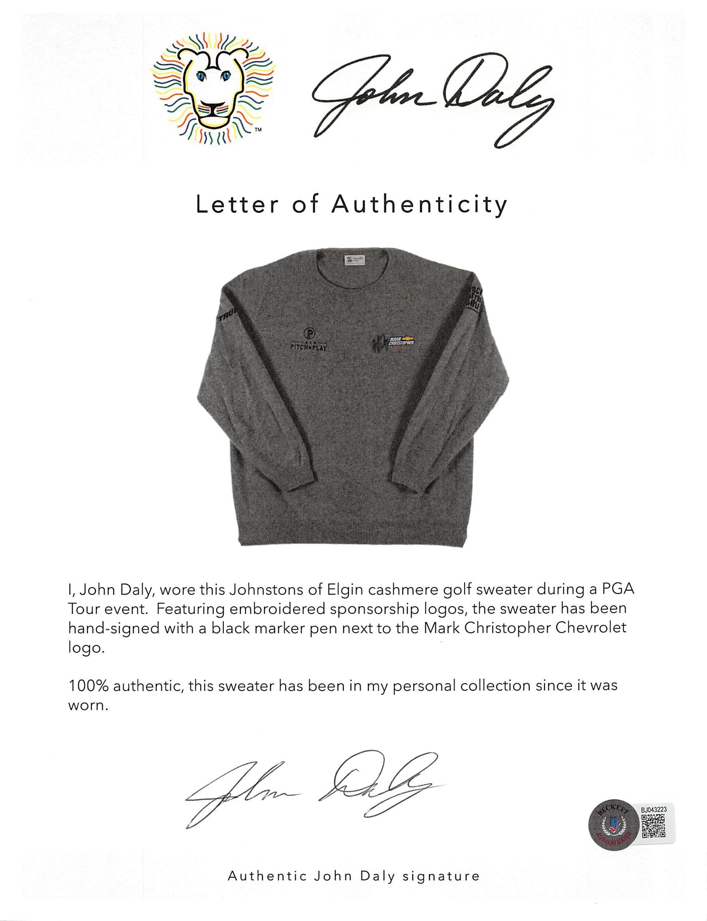 John Daly Signed Match Worn Johnstons of Elgin Cashmere Sweater BAS #BH00316