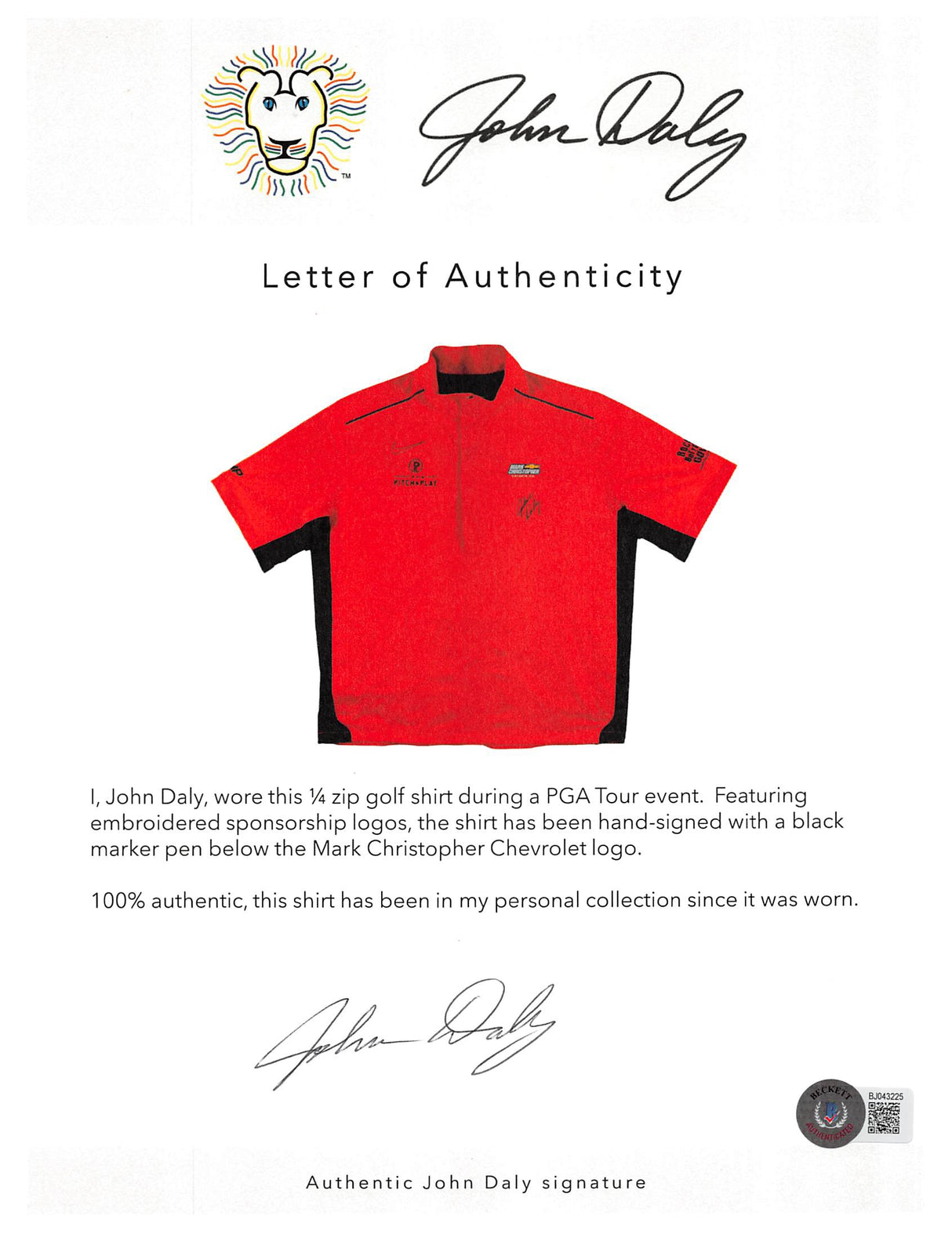 John Daly Authentic Signed Match Worn Red Nike Quarter Zip Shirt BAS #BH00323