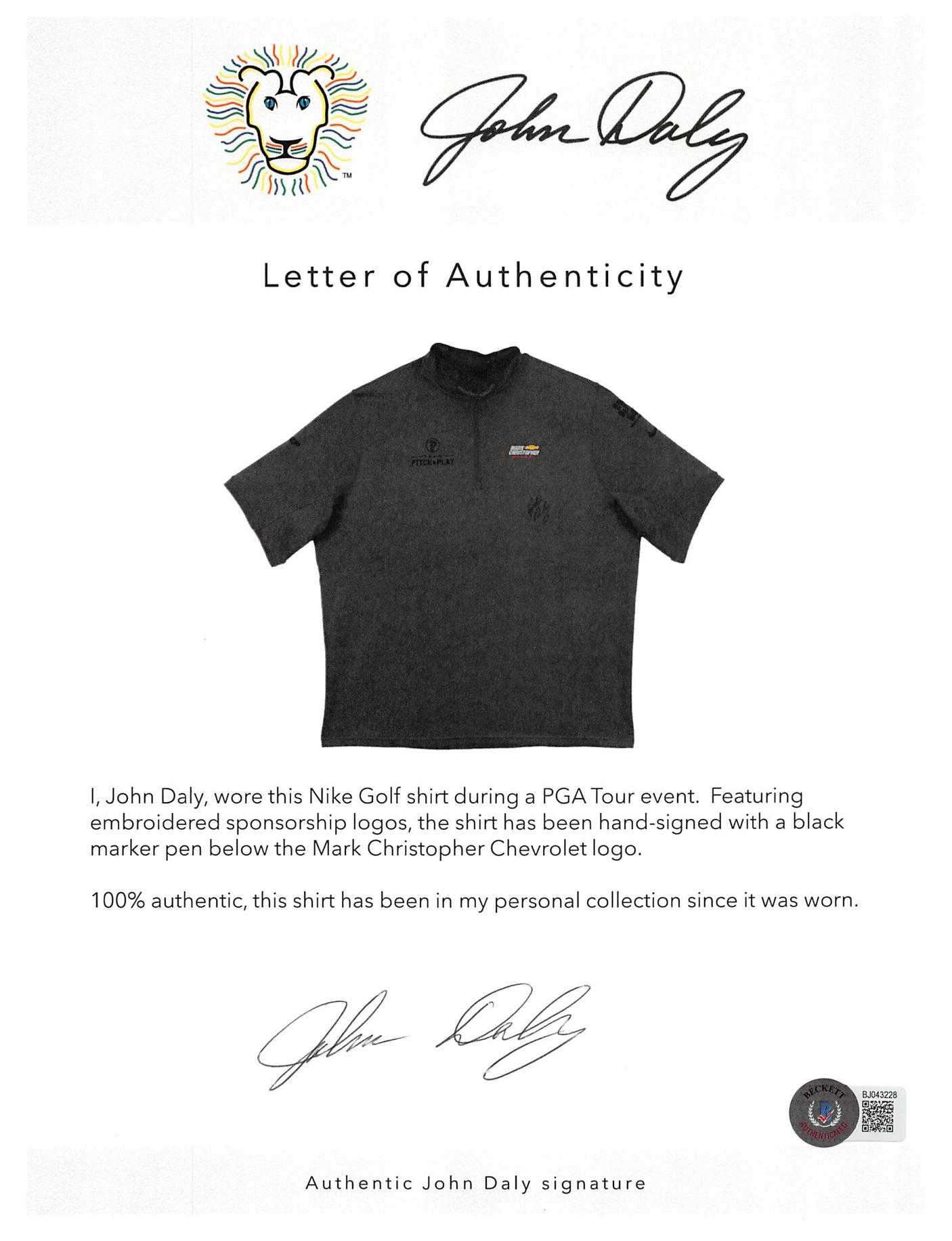 John Daly Signed Match Worn Dark Gray Nike Golf Quarter Zip Shirt BAS #BH00329