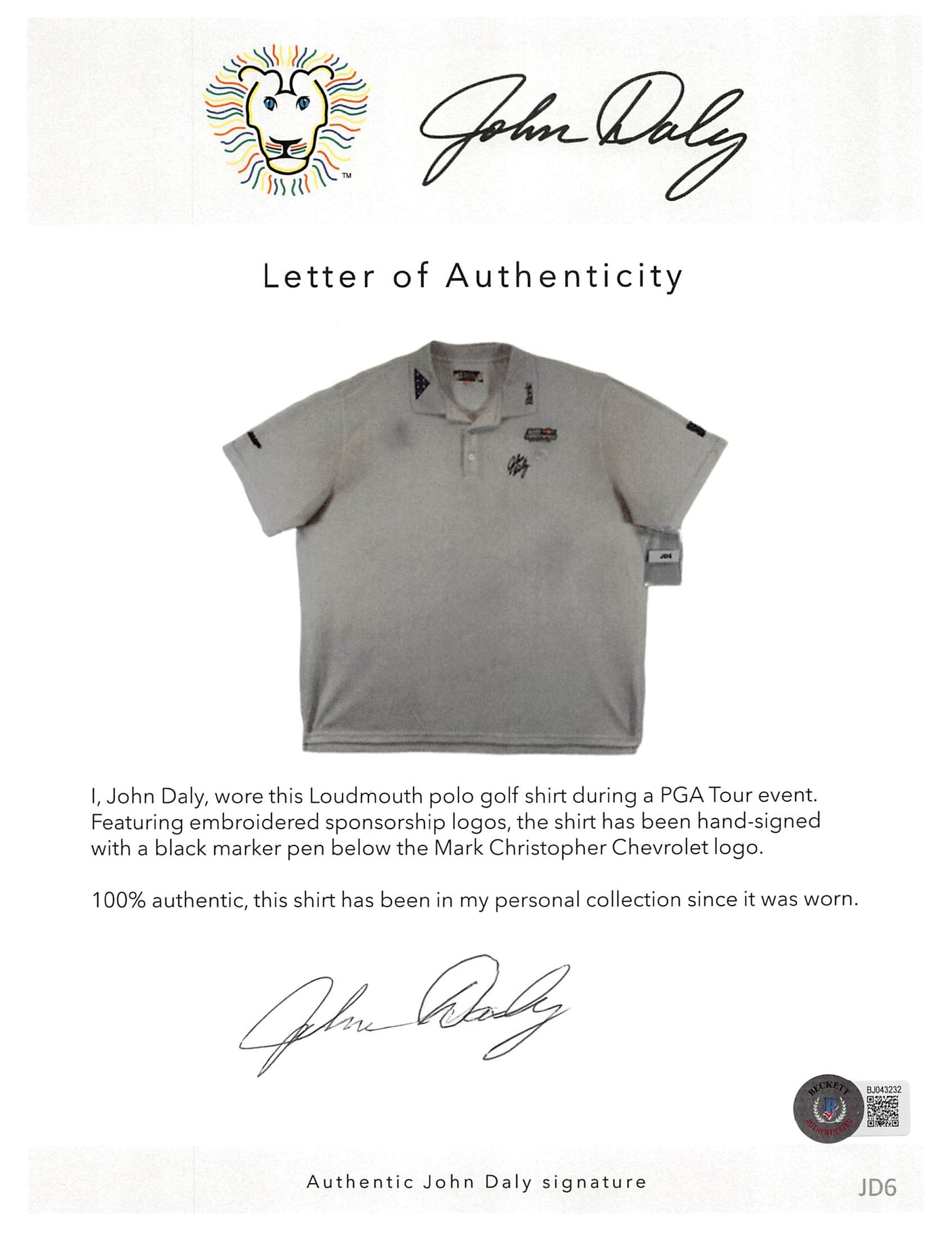 John Daly Authentic Signed Match Worn White Loudmouth Polo Shirt BAS #6BH00352