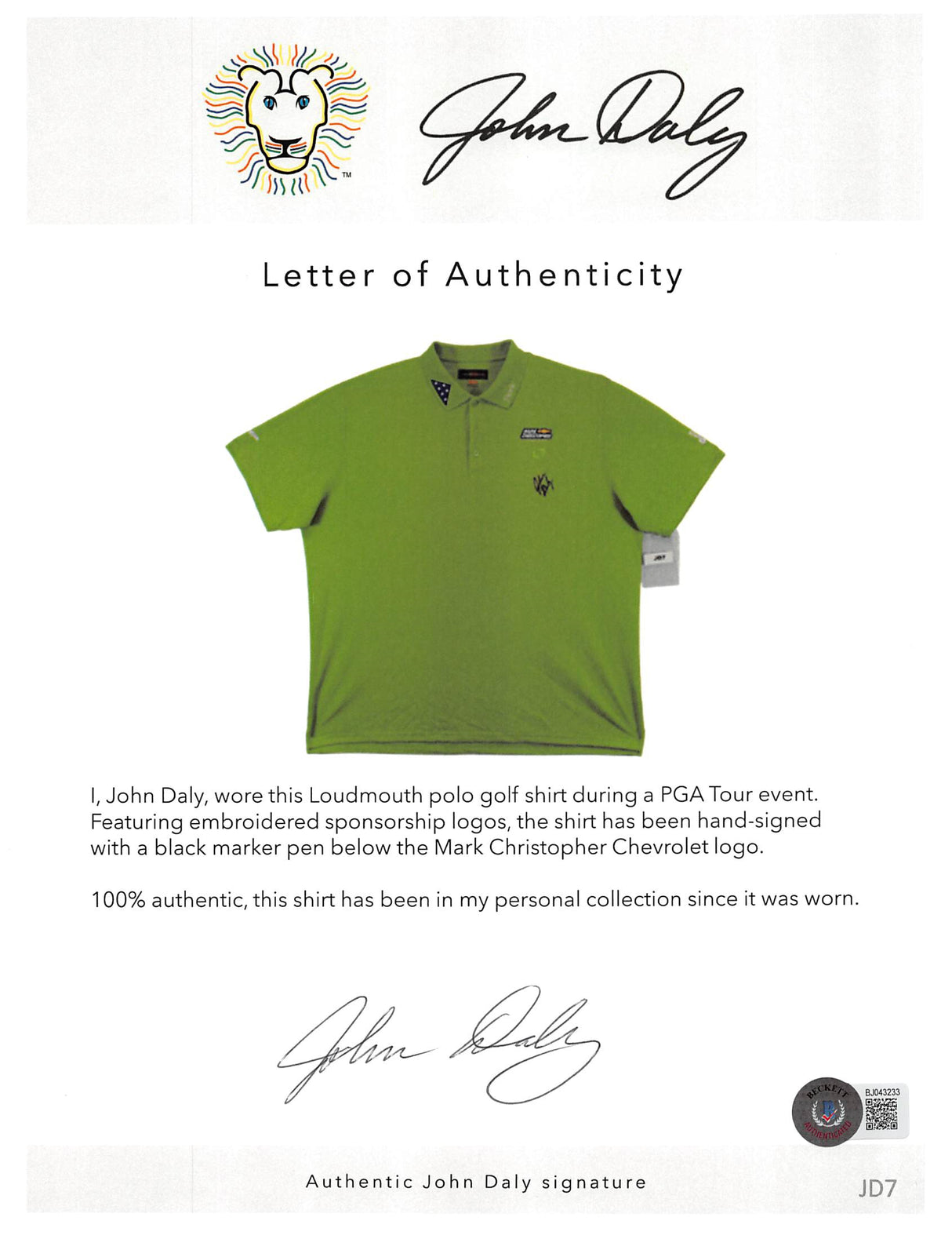 John Daly Authentic Signed Match Worn Green Loudmouth Polo Shirt BAS #JD7BH00373
