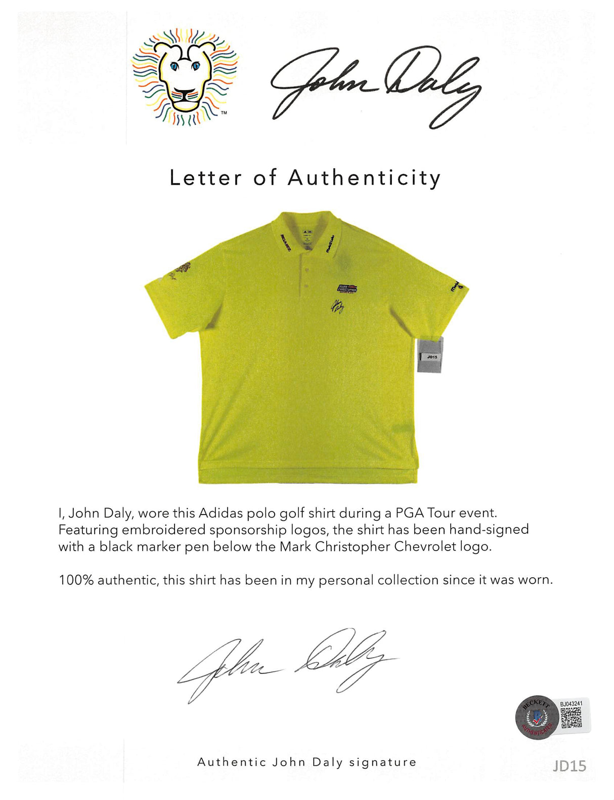 John Daly Signed Match Worn Yellow Adidas Climalite Polo Shirt BAS #JD15BH00368