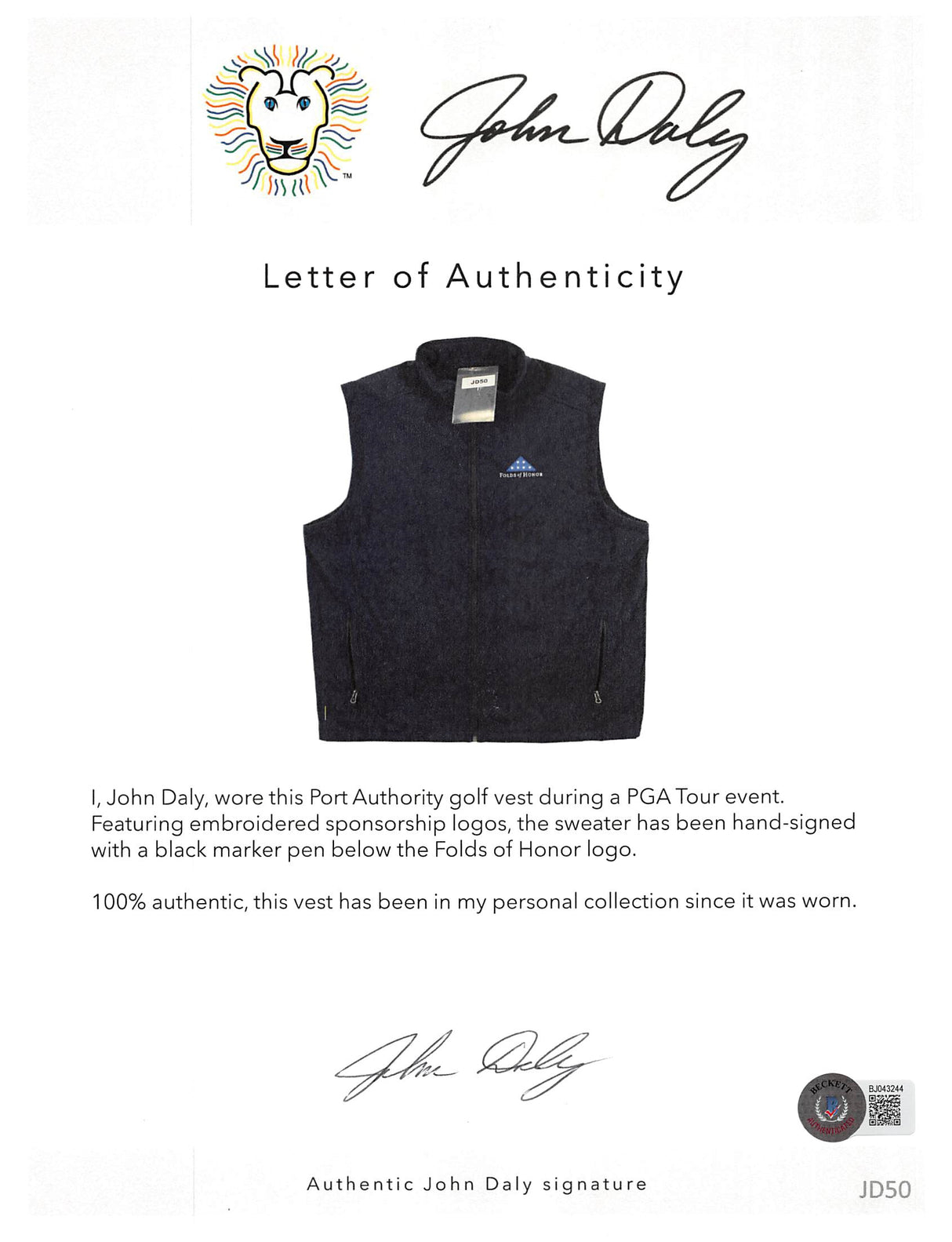 John Daly Authentic Signed Match Worn Navy Folds of Honor Vest BAS #BH00319