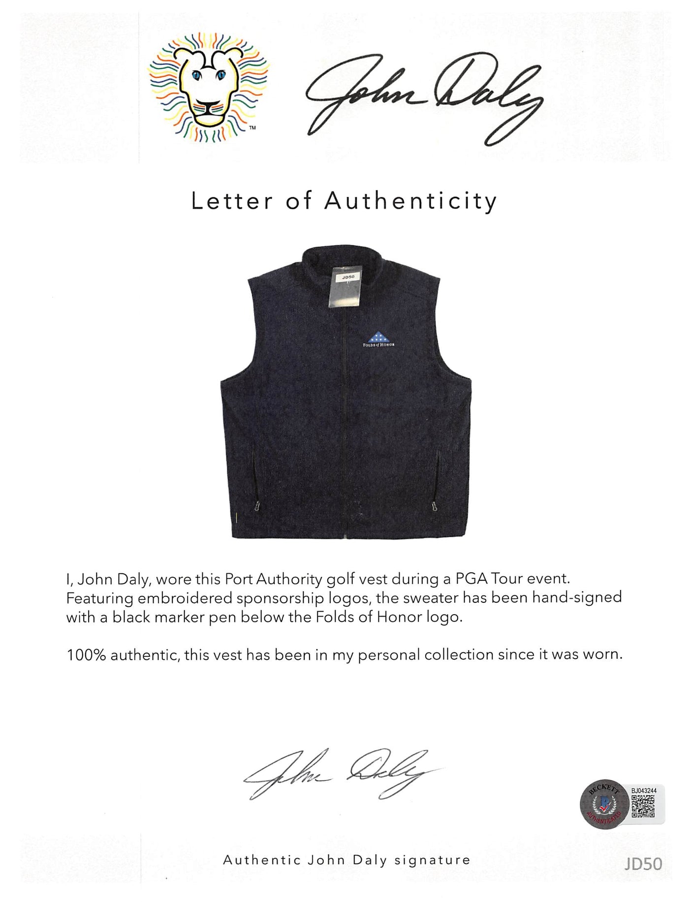 John Daly Authentic Signed Match Worn Navy Folds of Honor Vest BAS #BH00319