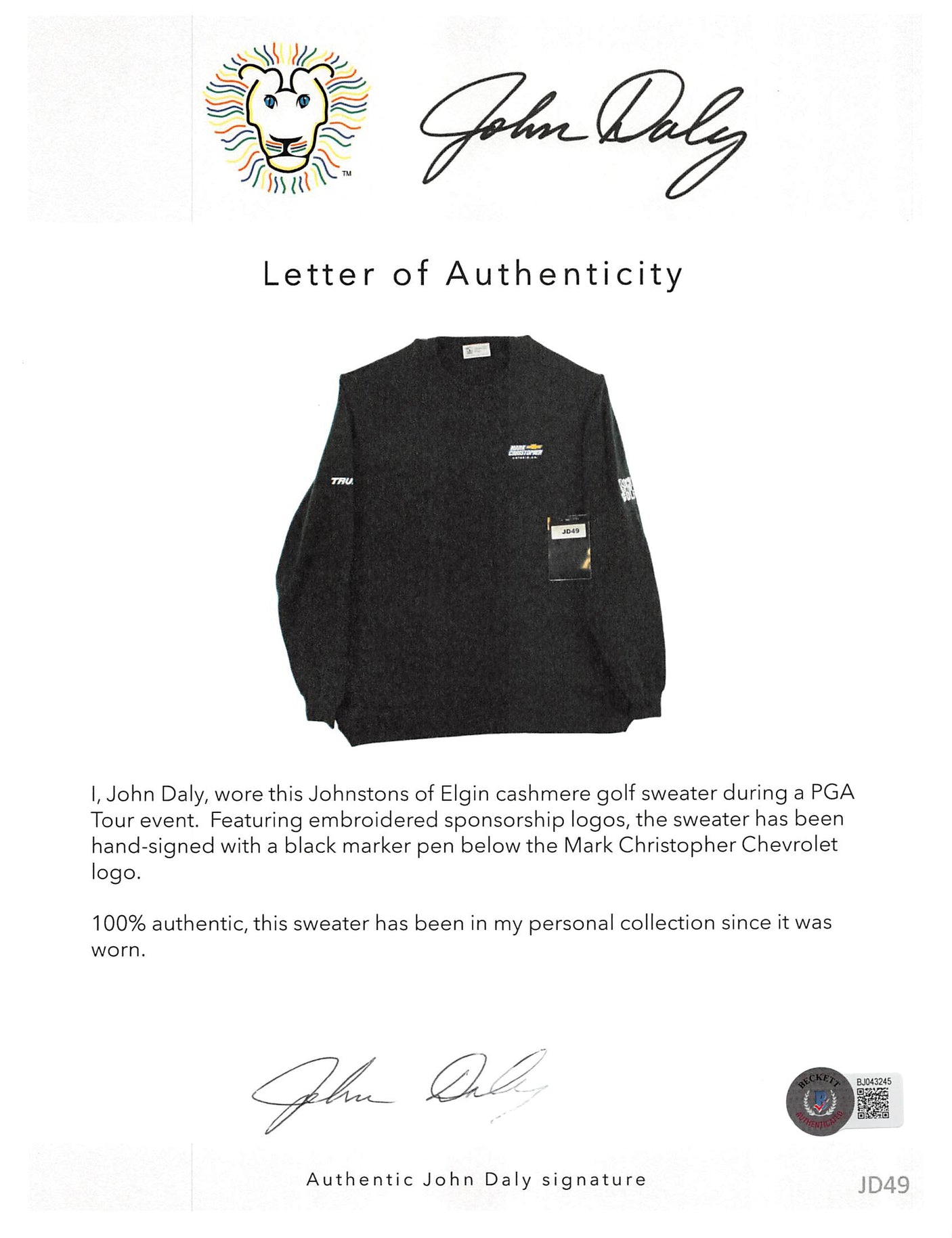 John Daly Signed Match Worn Dark Green Johnstons of Elgin Cashmere Sweater BAS