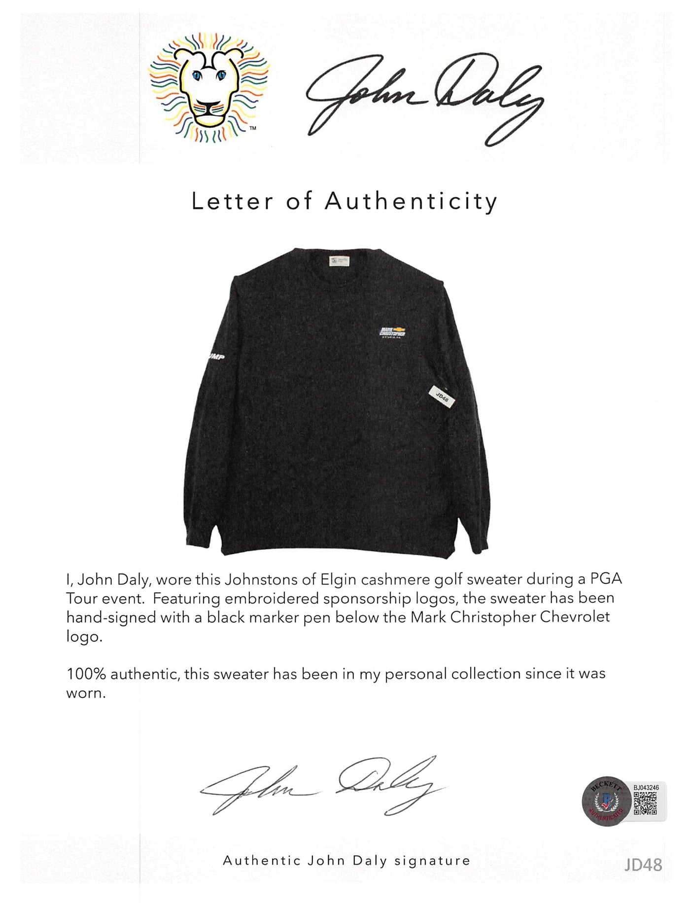 John Daly Signed Match Worn Dark Gray Johnstons of Elgin Cashmere Sweater BAS 1