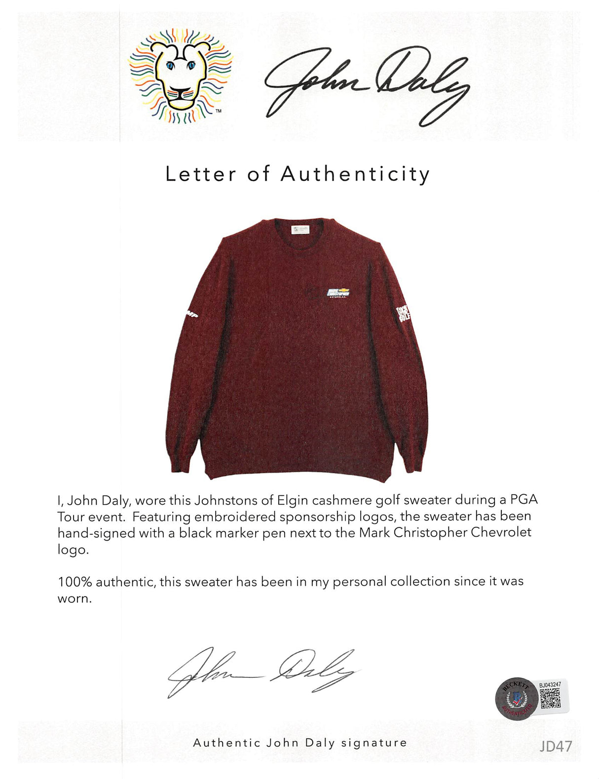 John Daly Signed Match Worn Maroon Johnstons of Elgin Cashmere Sweater BAS