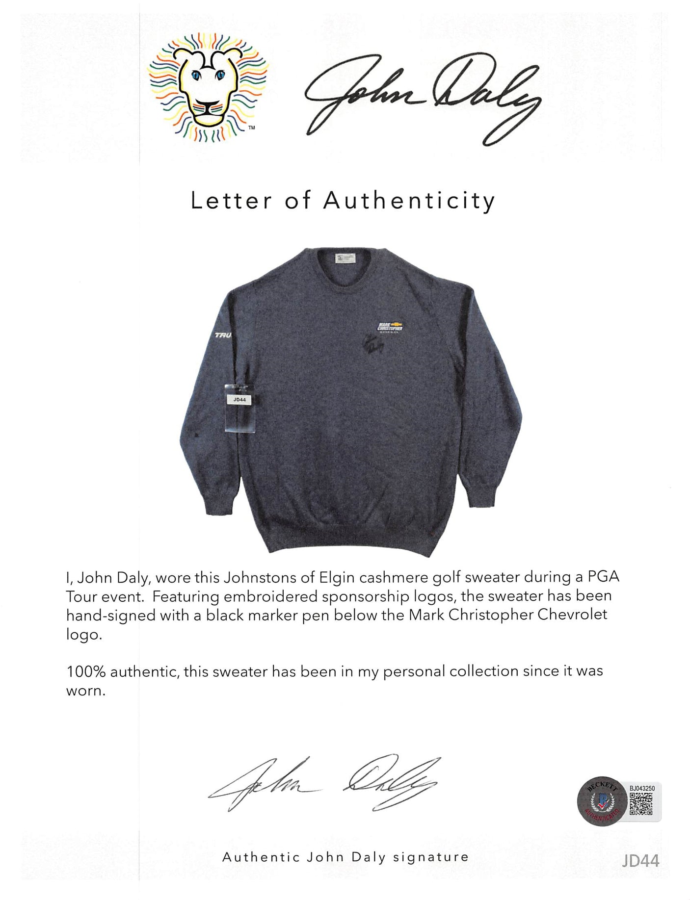 John Daly Signed Match Worn Blue Johnstons of Elgin Cashmere Sweater BAS