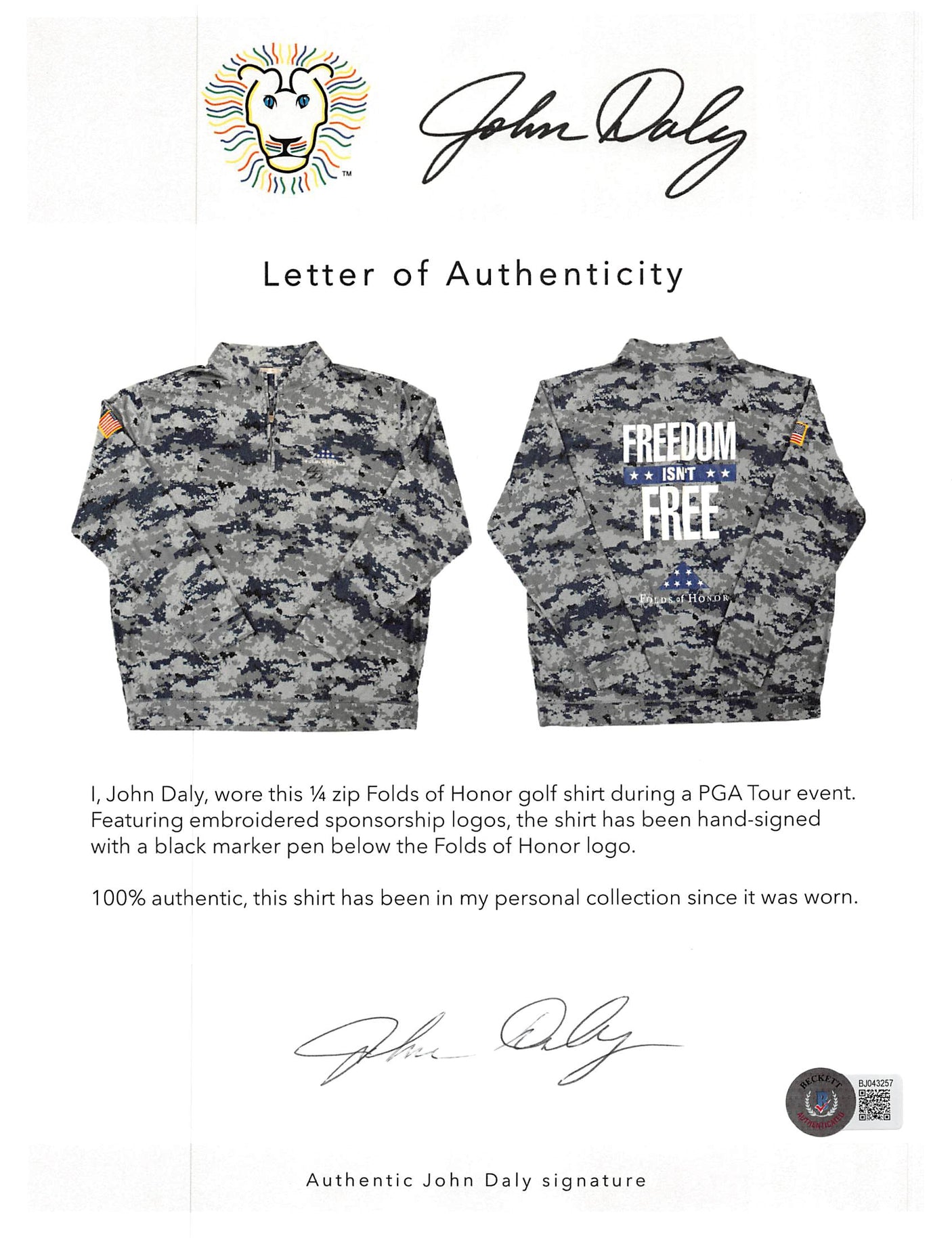John Daly Signed Match Worn Camo Folds of Honor Quarter Zip Shirt BAS #BH00337