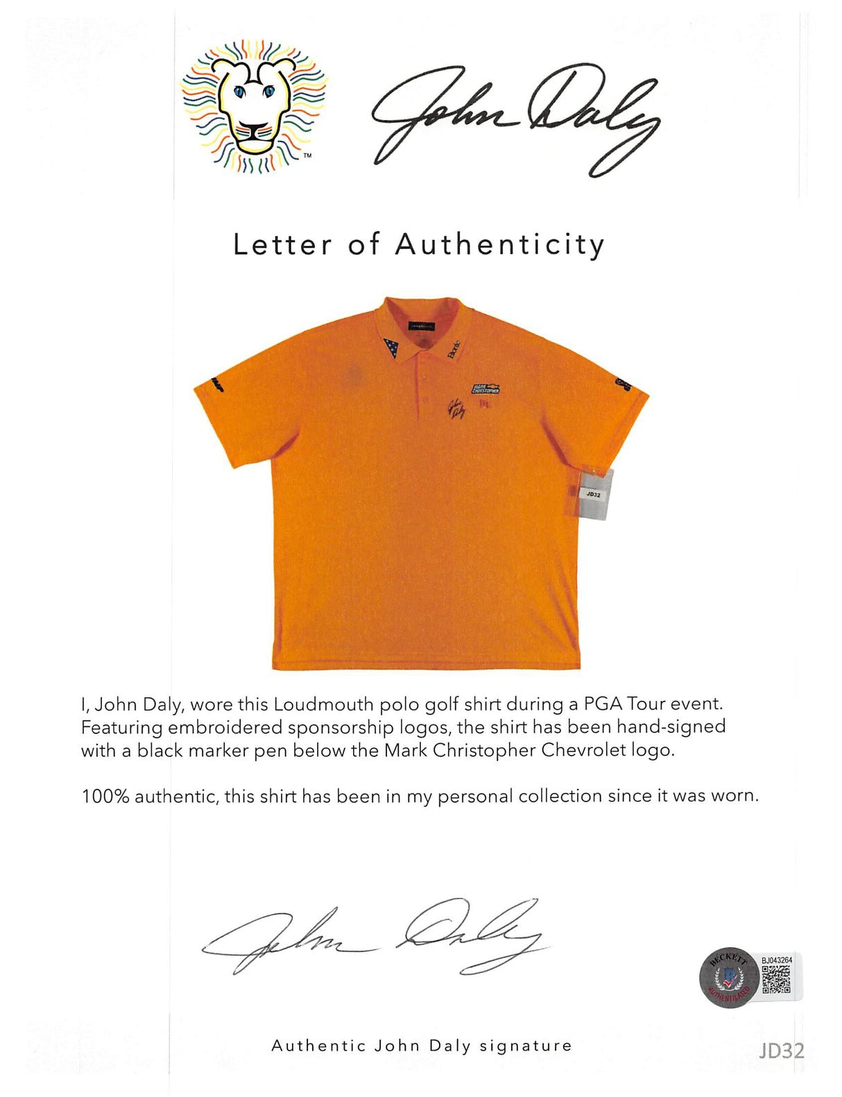 John Daly Signed Match Worn Orange Folds of Honor Quarter Zip Shirt BAS #BH00324