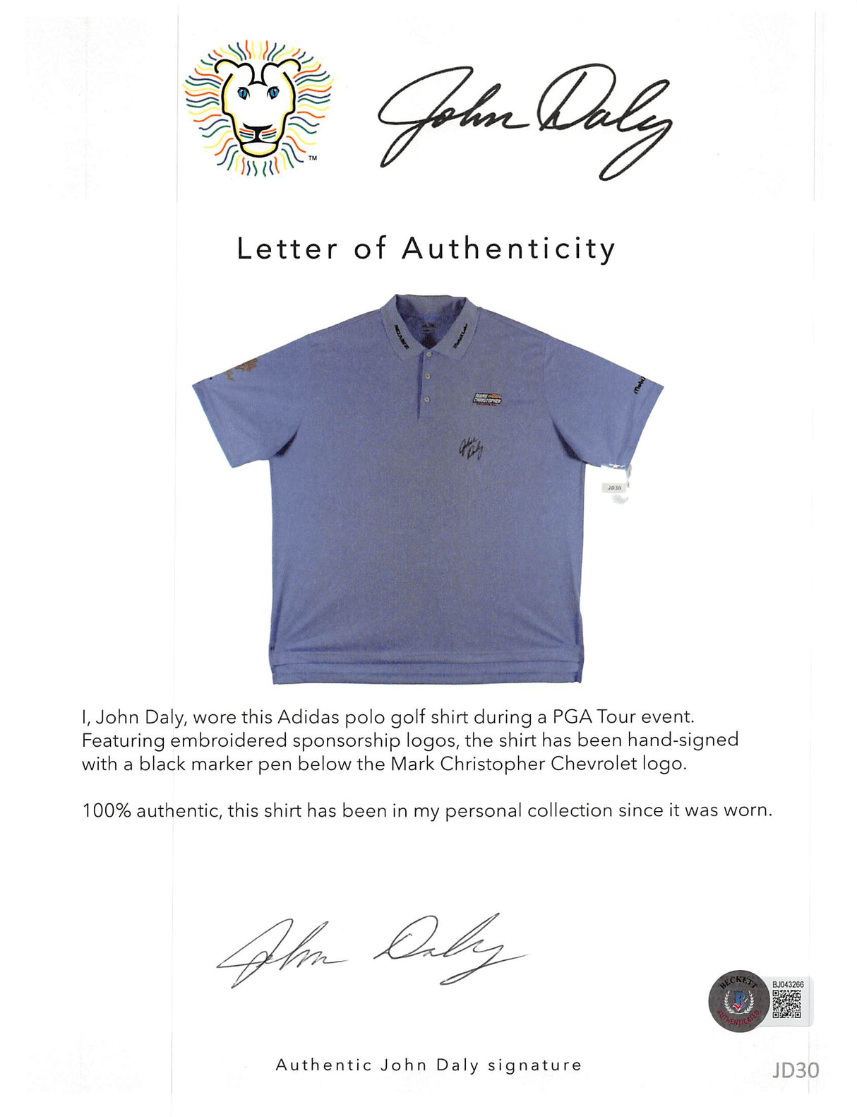 John Daly Signed Match Worn Purple Adidas Climalite Polo Shirt BAS #BH00364