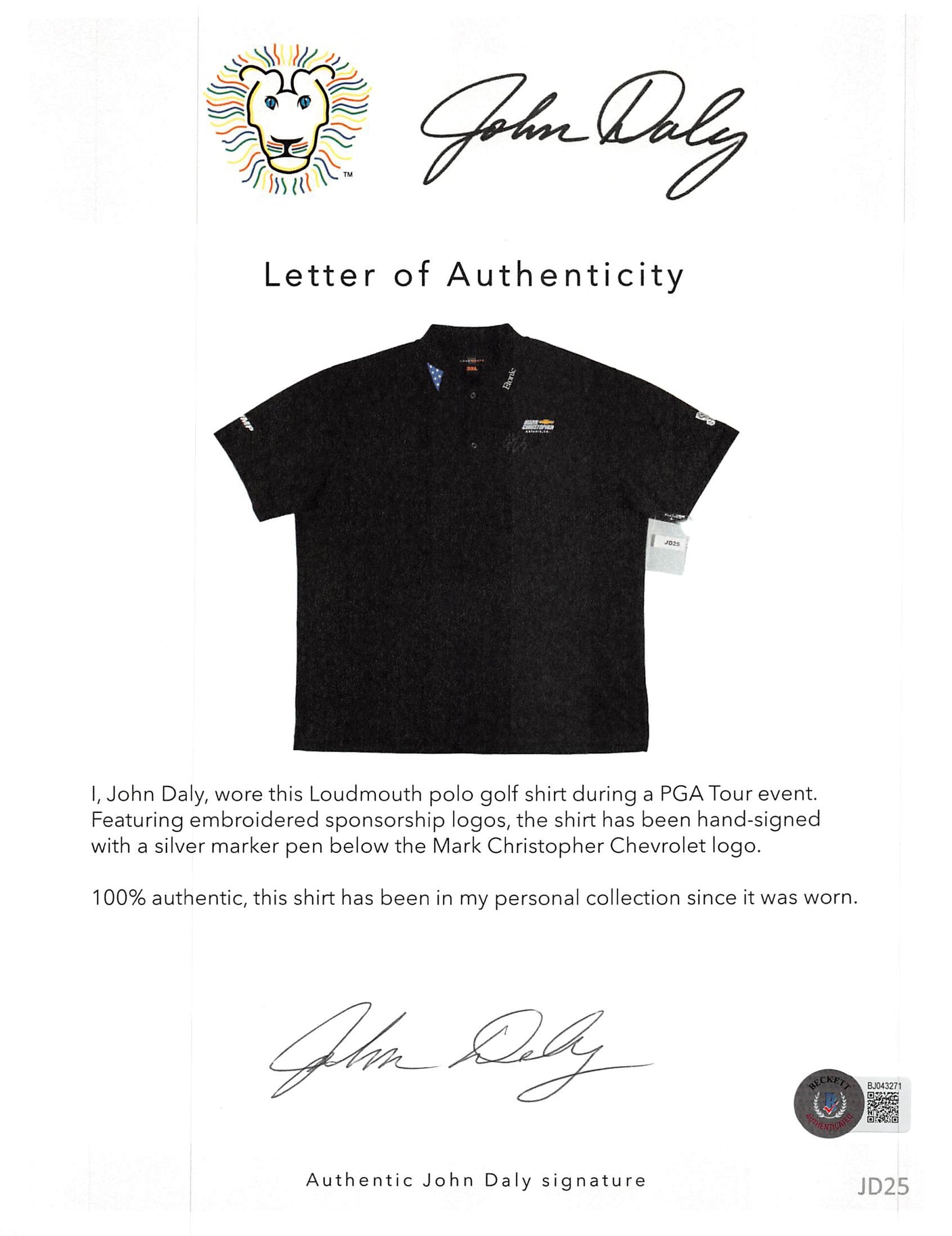 John Daly Signed Match Worn Black Folds Of Honor Loudmouth Polo Shirt BAS