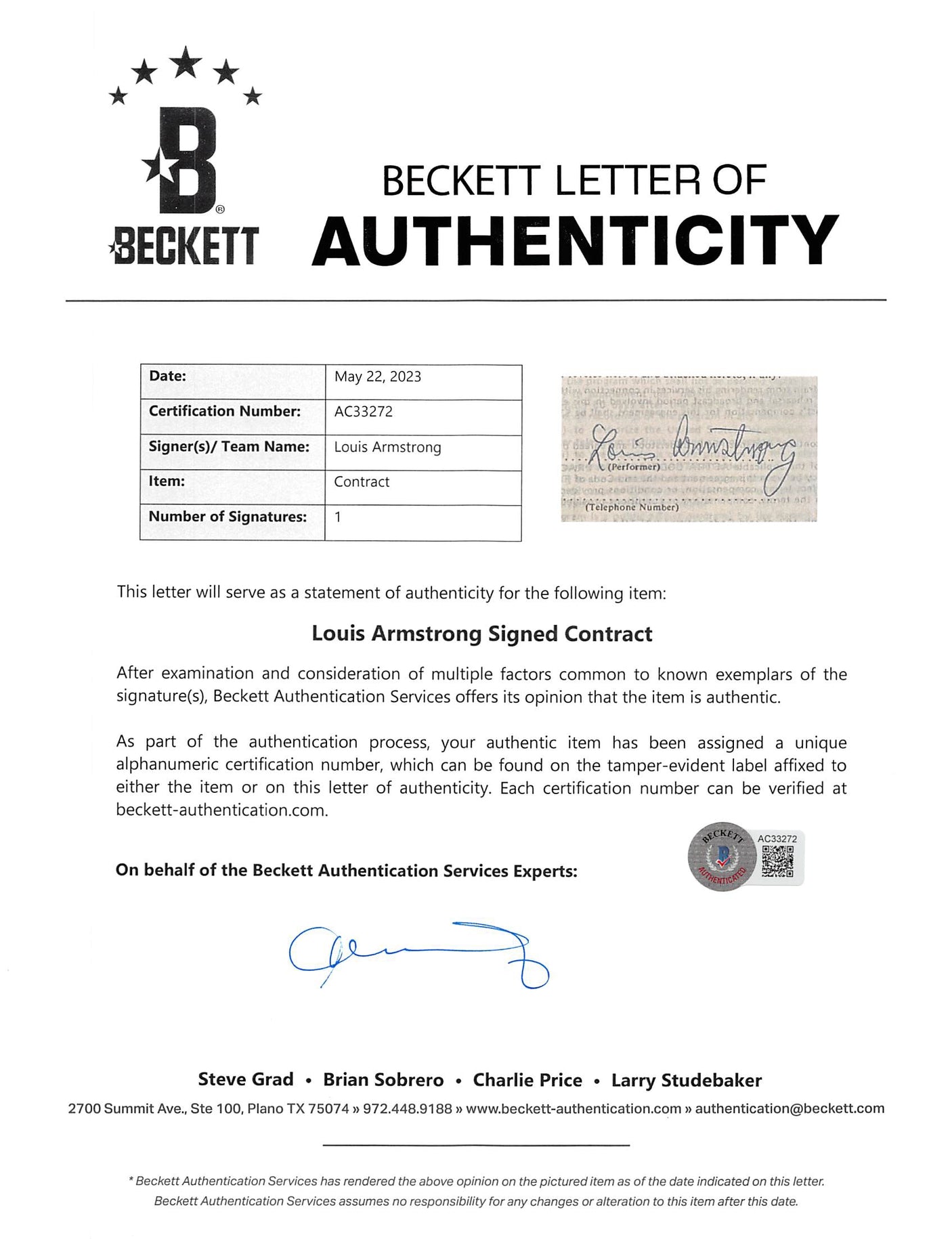 Louis Armstrong Signed 8.5x11 1970 Merv Griffin Show Contract BAS #AC33272