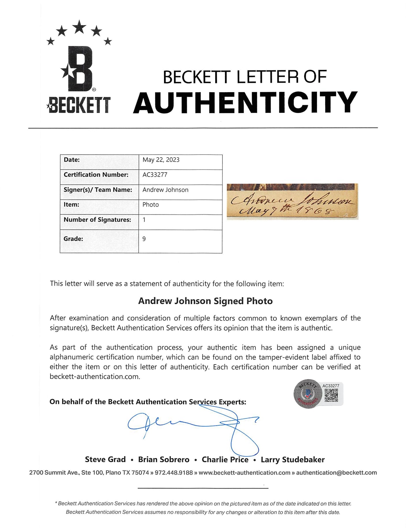 Andrew Johnson "May 7th 1868" Signed Matted 4.25x6.5 Cabinet Photo Auto 9! BAS